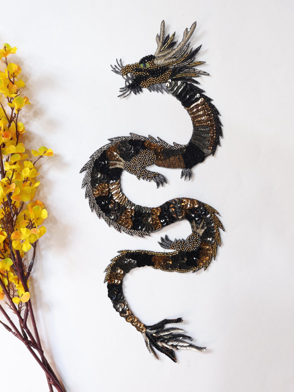 Embroidered Dragon Patch: Handmade Indian Applique, Golden Silver Detail