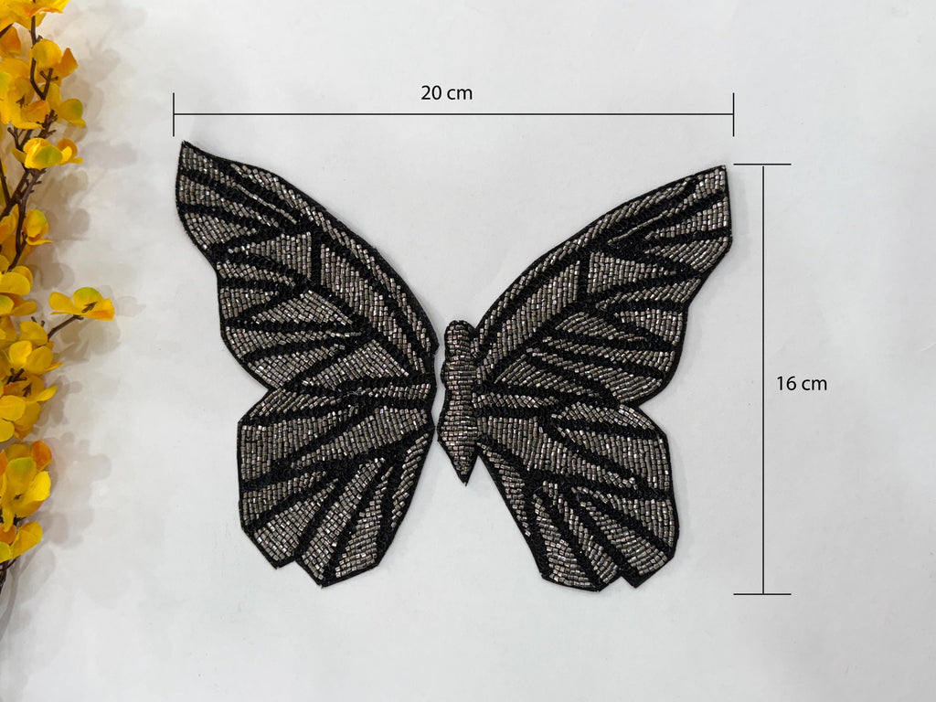 Embroidered Butterfly Applique Patch: Metallic Black & Silver Indian Design