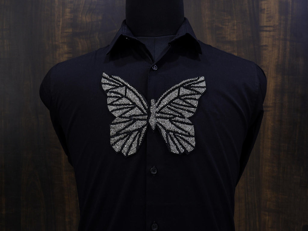 Embroidered Butterfly Patch: Metallic Black Silver Applique, Handmade Indian Design