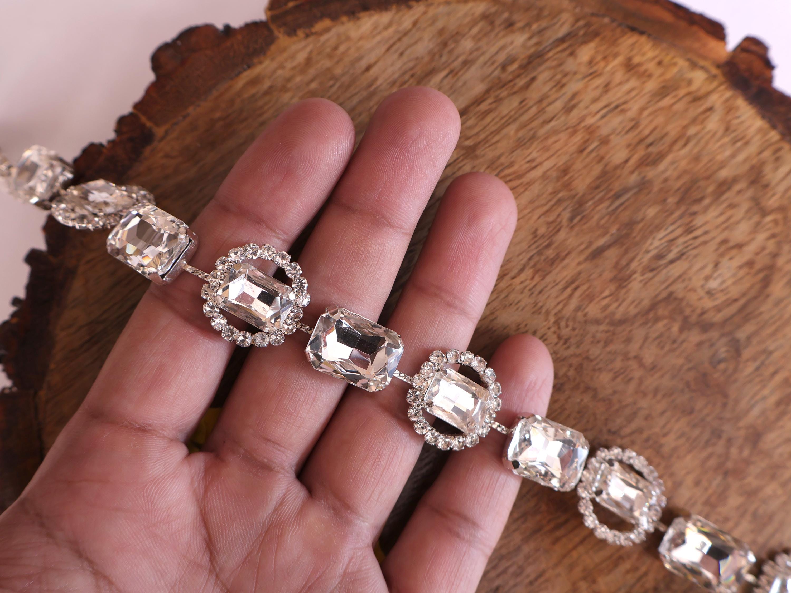 Silver Rhinestone Trim: Indian Zircon Stonework Lace, 1.8cm Wide