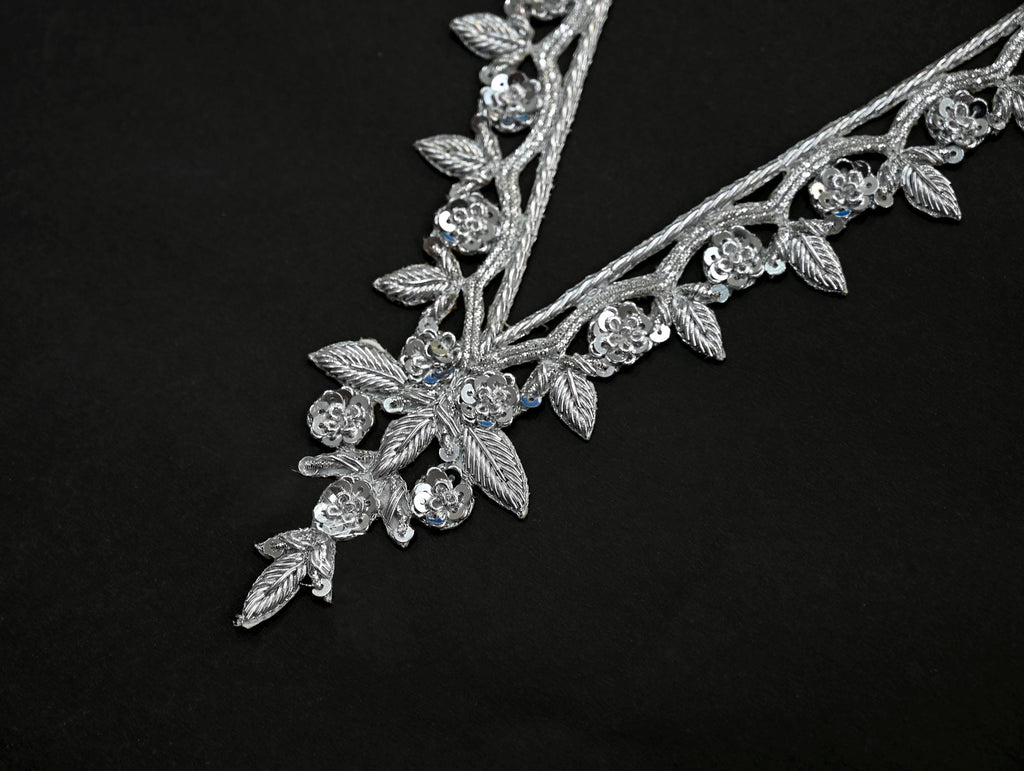 Silver Embroidered V Neck Patch with Sleeves: Indian Brass Applique