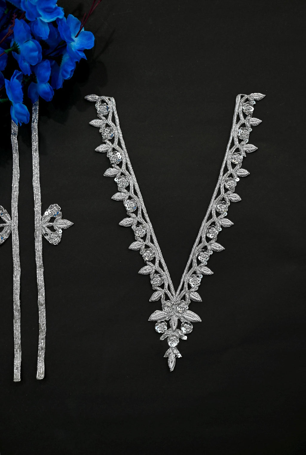 Silver Embroidered V Neck Patch with Sleeves: Indian Brass Applique