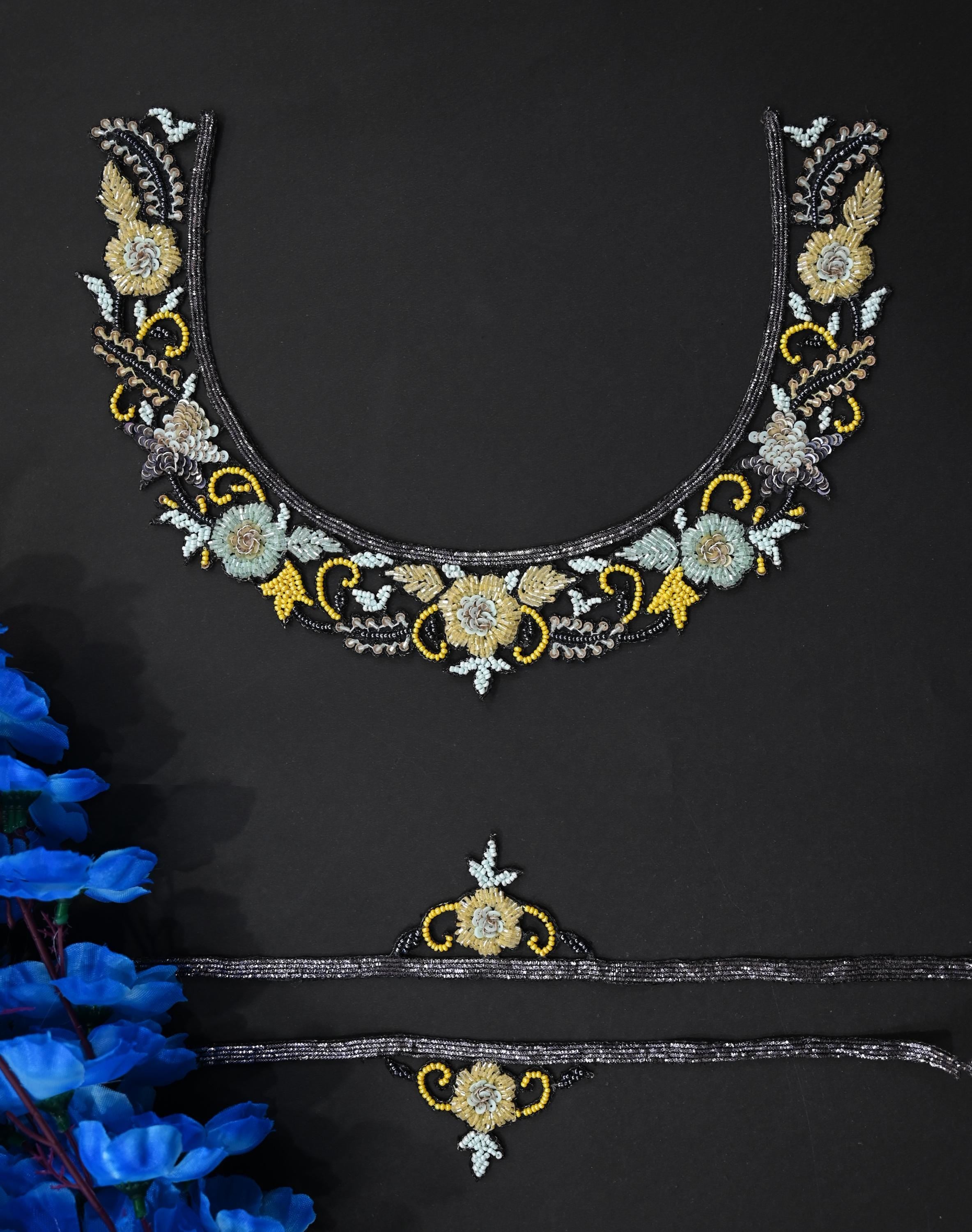 Embroidered Neckline Patch: Yellow & Aqua Glass Beads, Indian Artwork