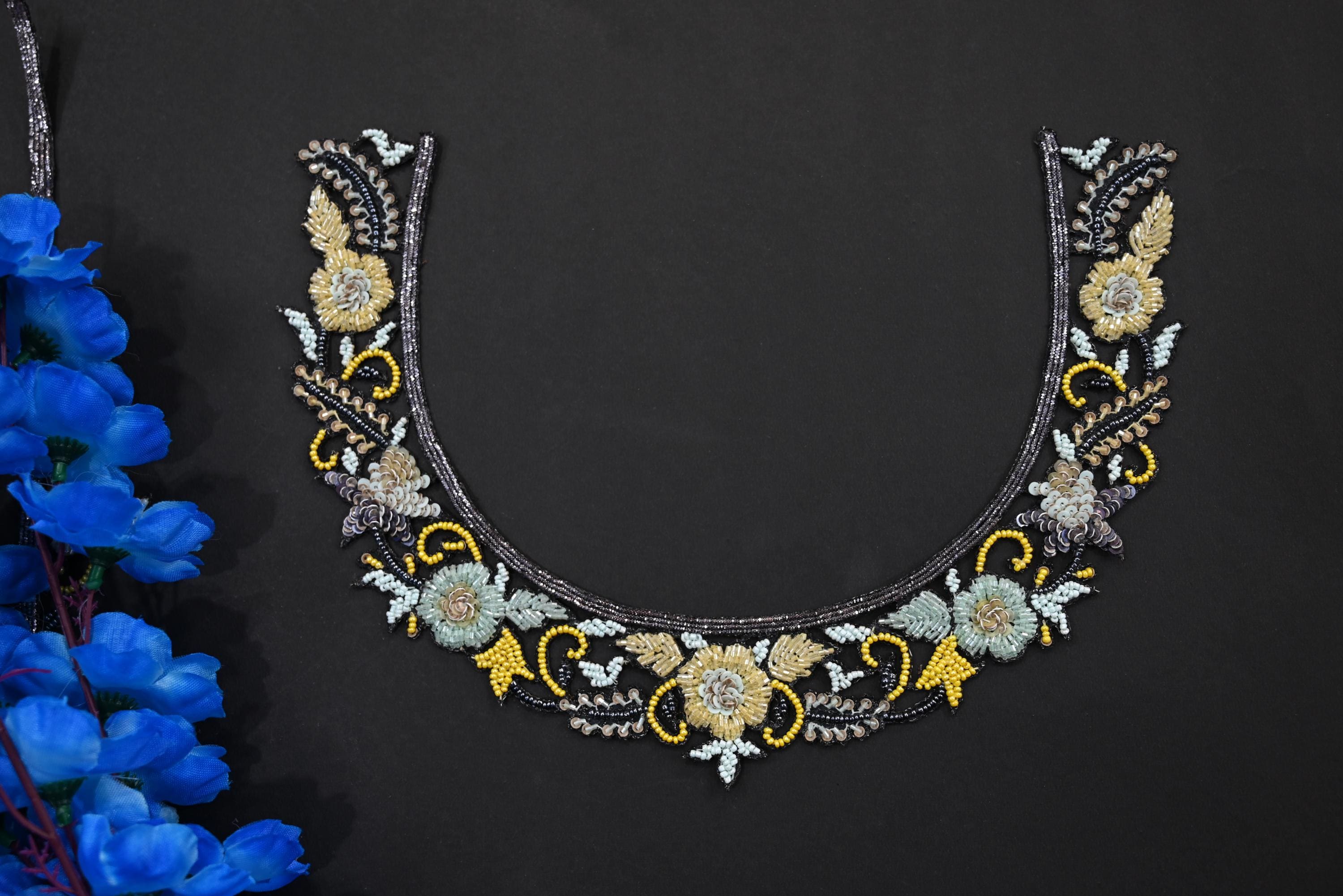 Embroidered Neckline Patch: Yellow & Aqua Glass Beads, Indian Artwork