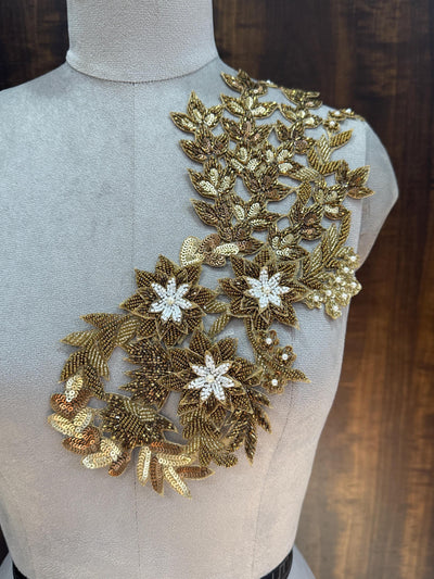 Long Golden Cutwork Beads & Sequins Embroidered Patch 39 cm Long