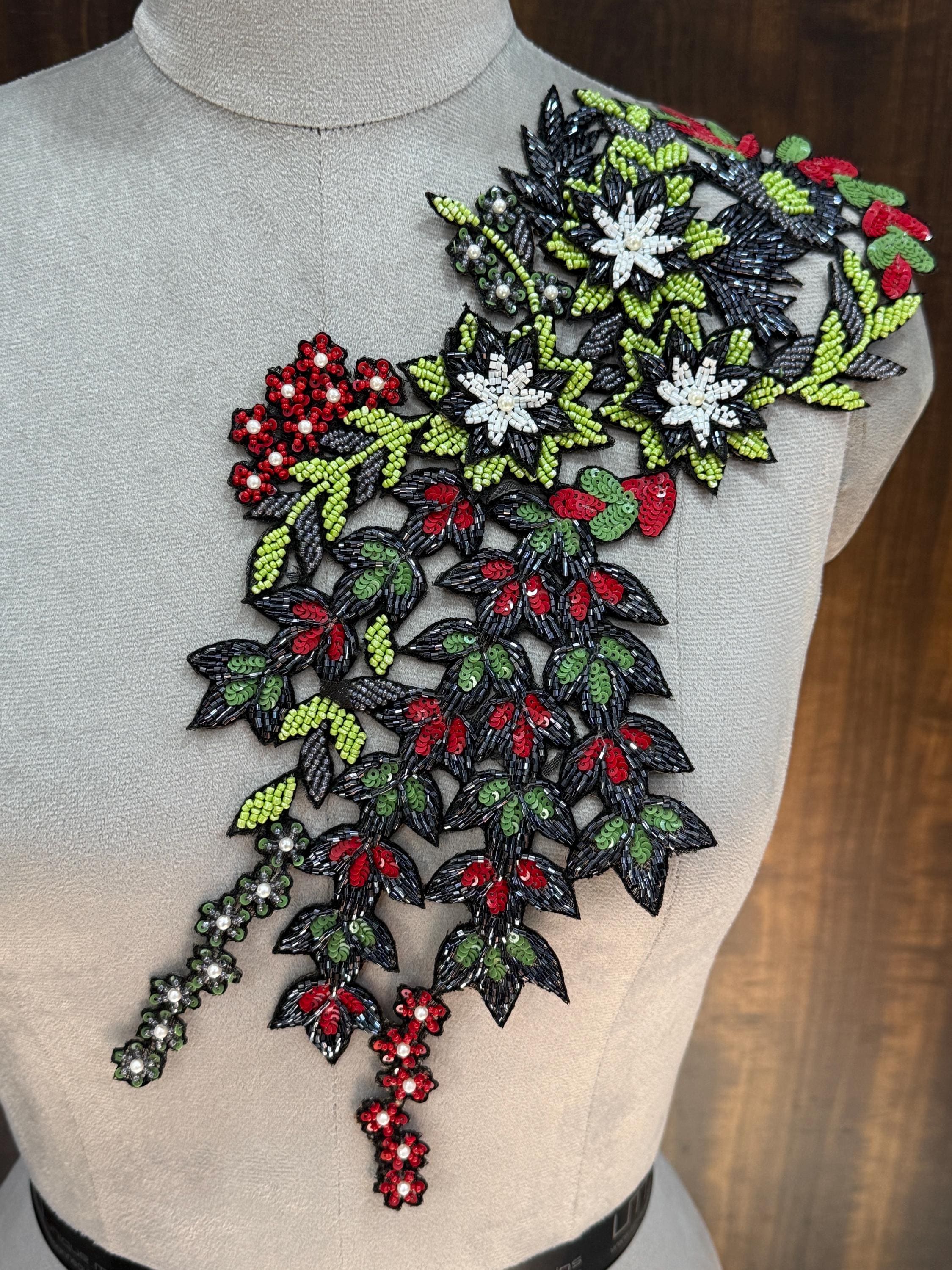 Floral Embroidered Applique Patch: Beaded Zardozi Cutwork (39 cm)