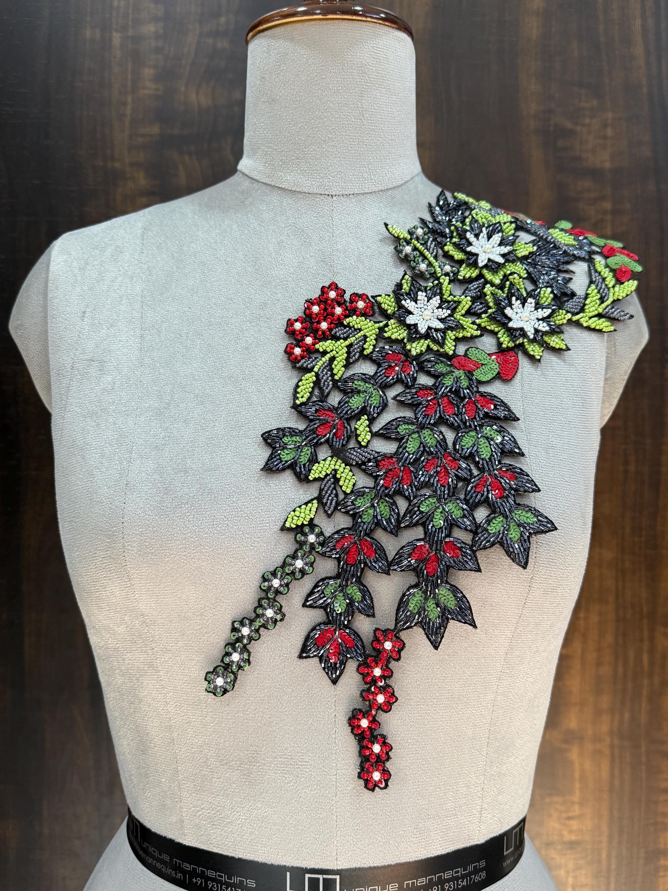 Floral Embroidered Applique Patch: Beaded Zardozi Cutwork (39 cm)