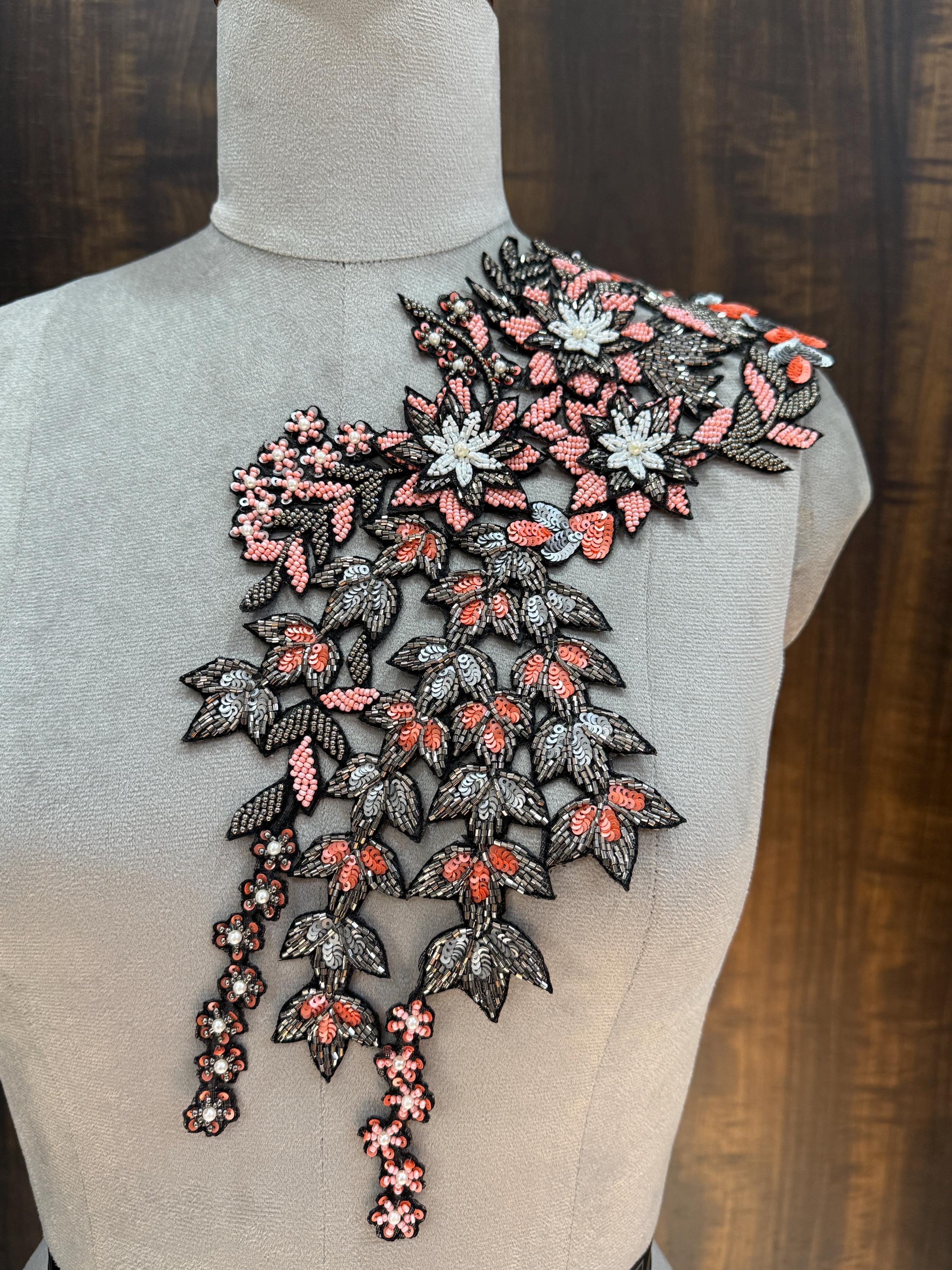 Floral Embroidered Applique Patch: Beaded Zardozi Cutwork (39 cm)