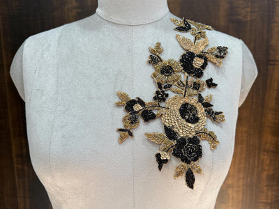 Golden Black Beads & Sequins Embroidered Floral Applique Patch 35 cm