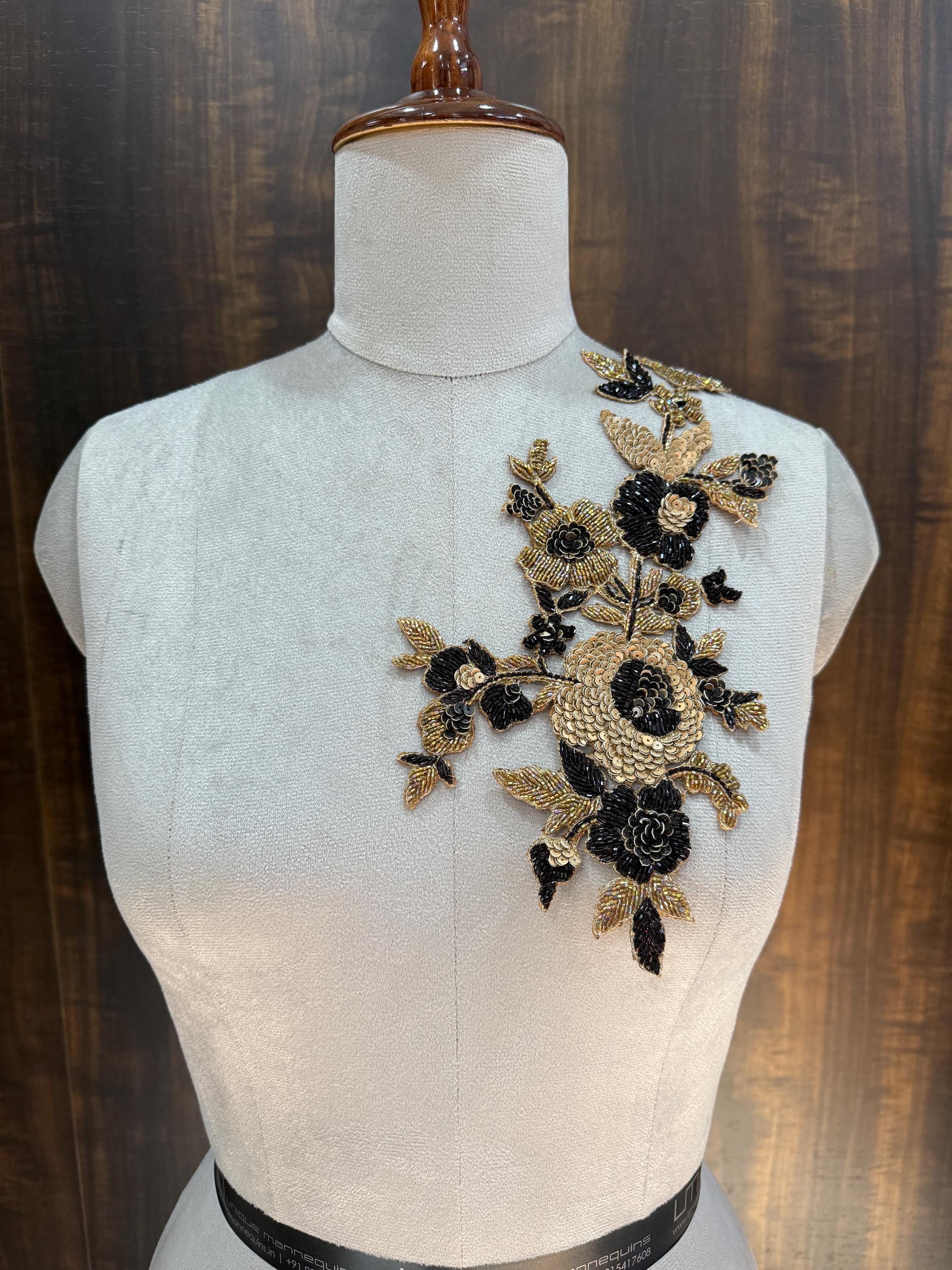 Floral Applique Patch: Golden Black Embroidered Zardozi, Sequins (35 cm)