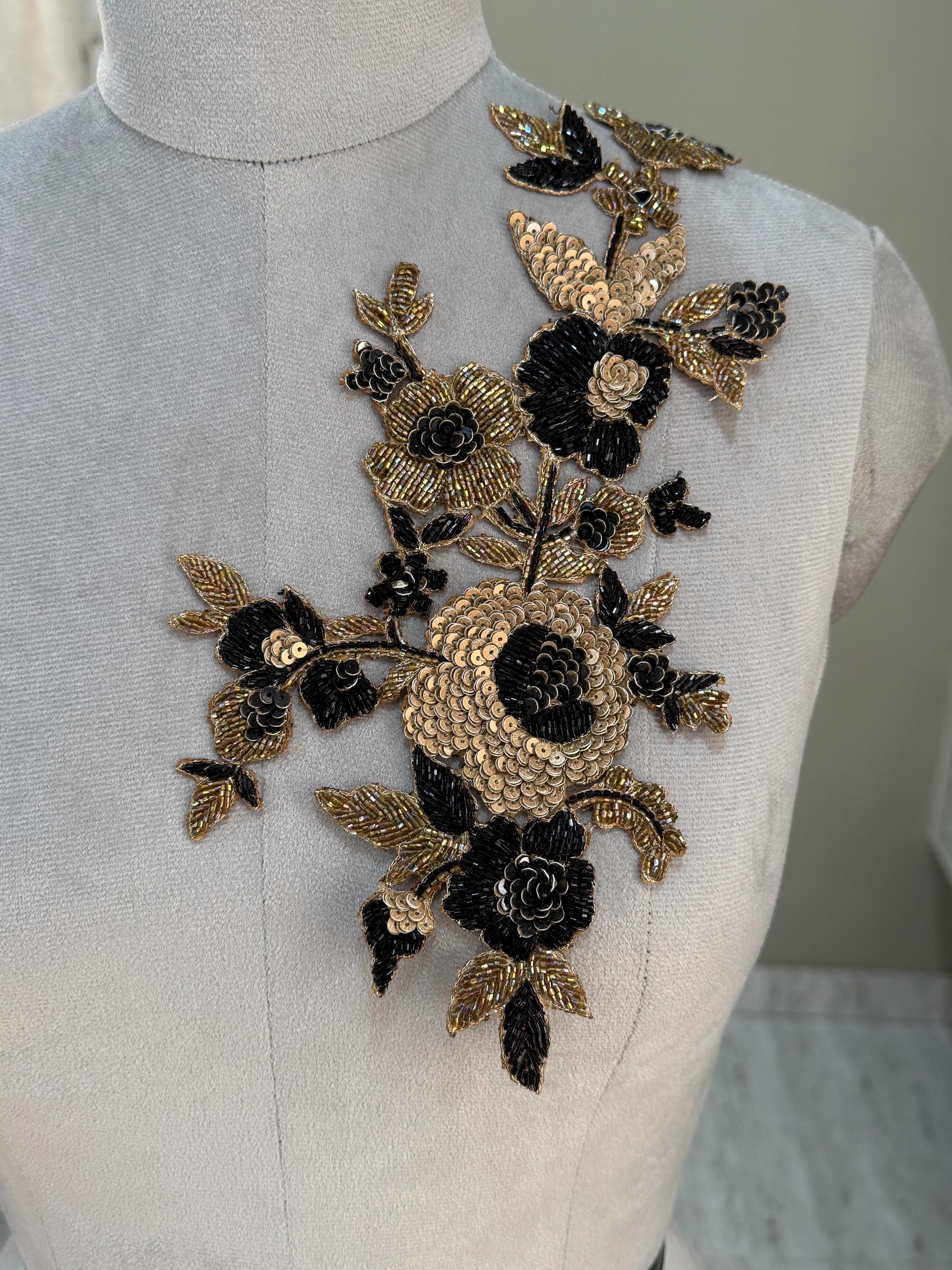 Floral Applique Patch: Golden Black Embroidered Zardozi, Sequins (35 cm)