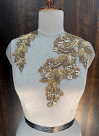 Golden Floral Applique Patch: Embroidered Sequin Zardozi, Indian DIY Garments (39cm)