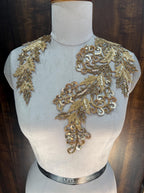 Golden Floral Applique Patch: Embroidered Sequin Zardozi, Indian DIY Garments (39cm)