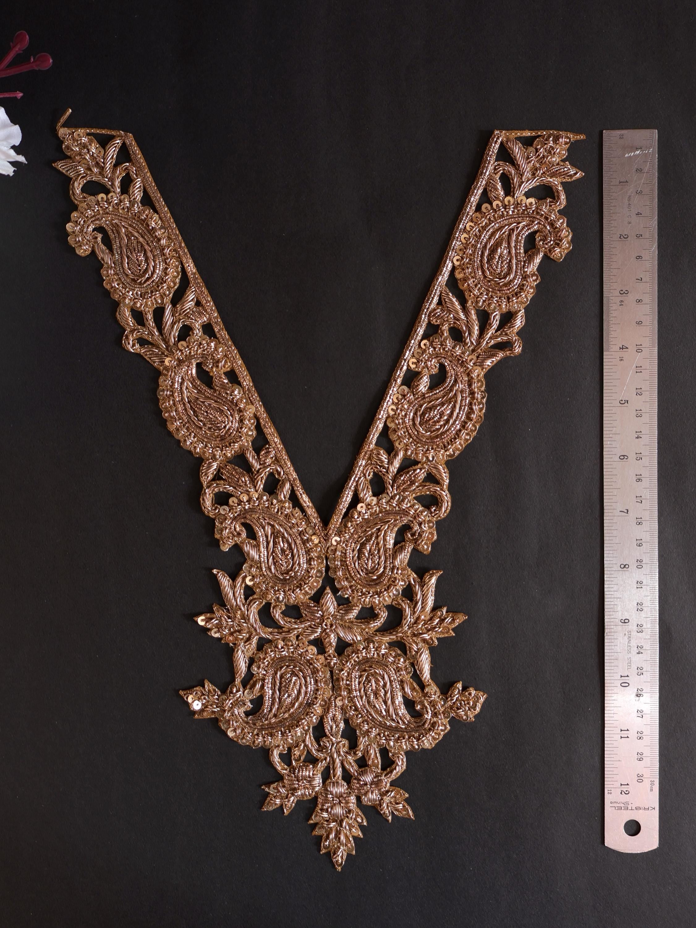 Handcrafted Zardozi V-Neckline Patch: Antique Gold Floral Embroidery with Sleeves