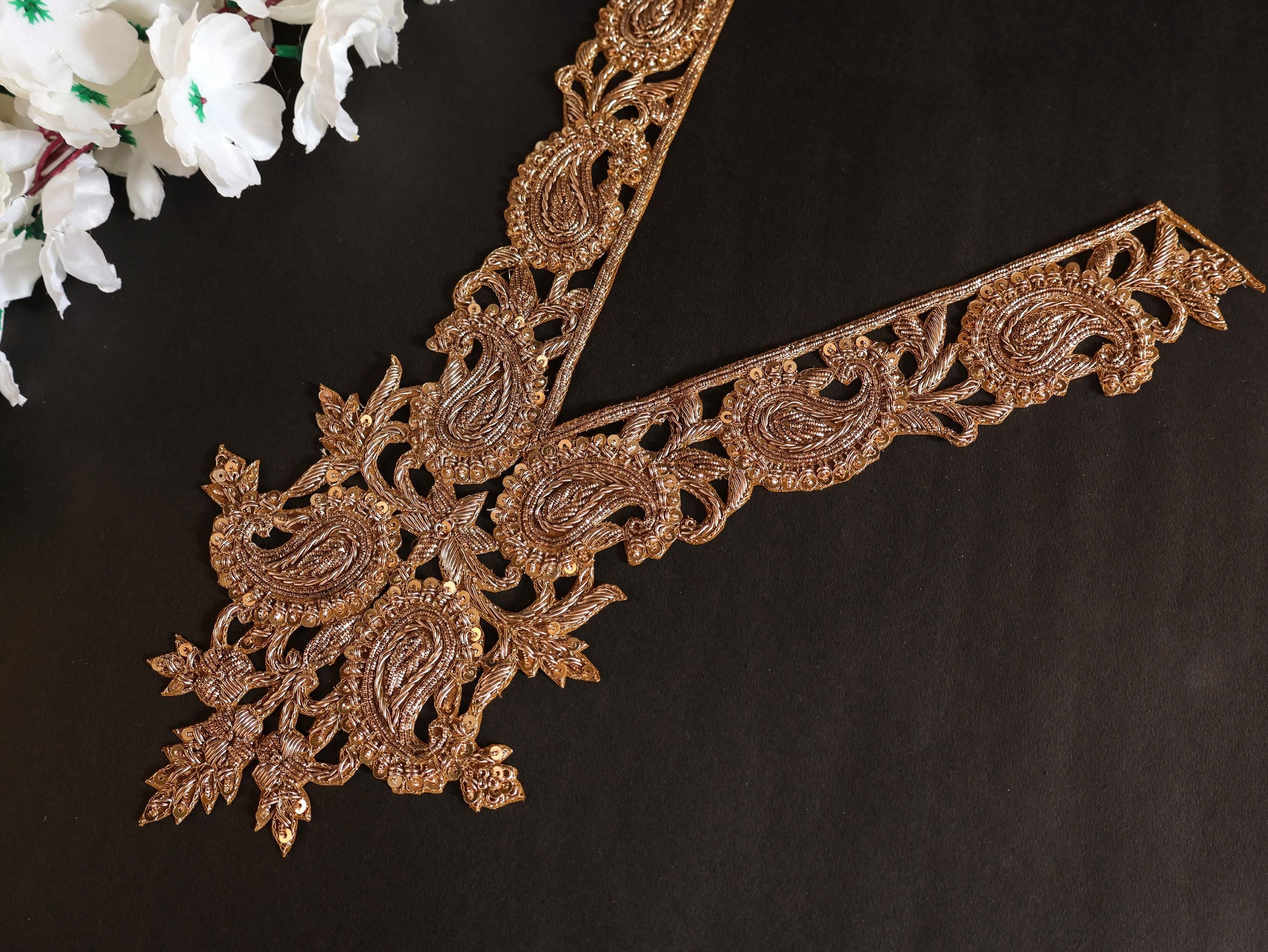 Handcrafted Zardozi V-Neckline Patch: Antique Gold Floral Embroidery with Sleeves