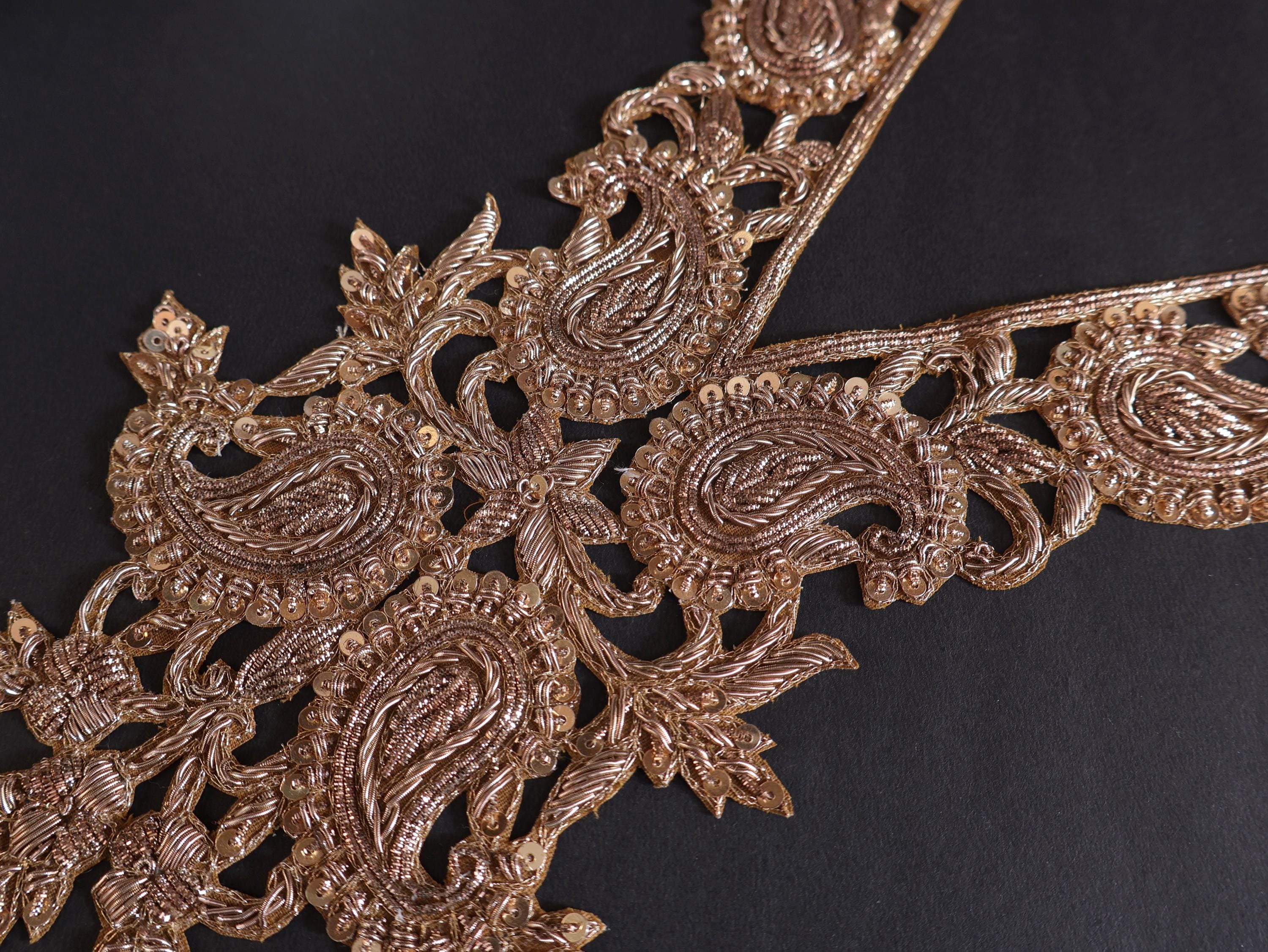 Handcrafted Zardozi V-Neckline Patch: Antique Gold Floral Embroidery with Sleeves