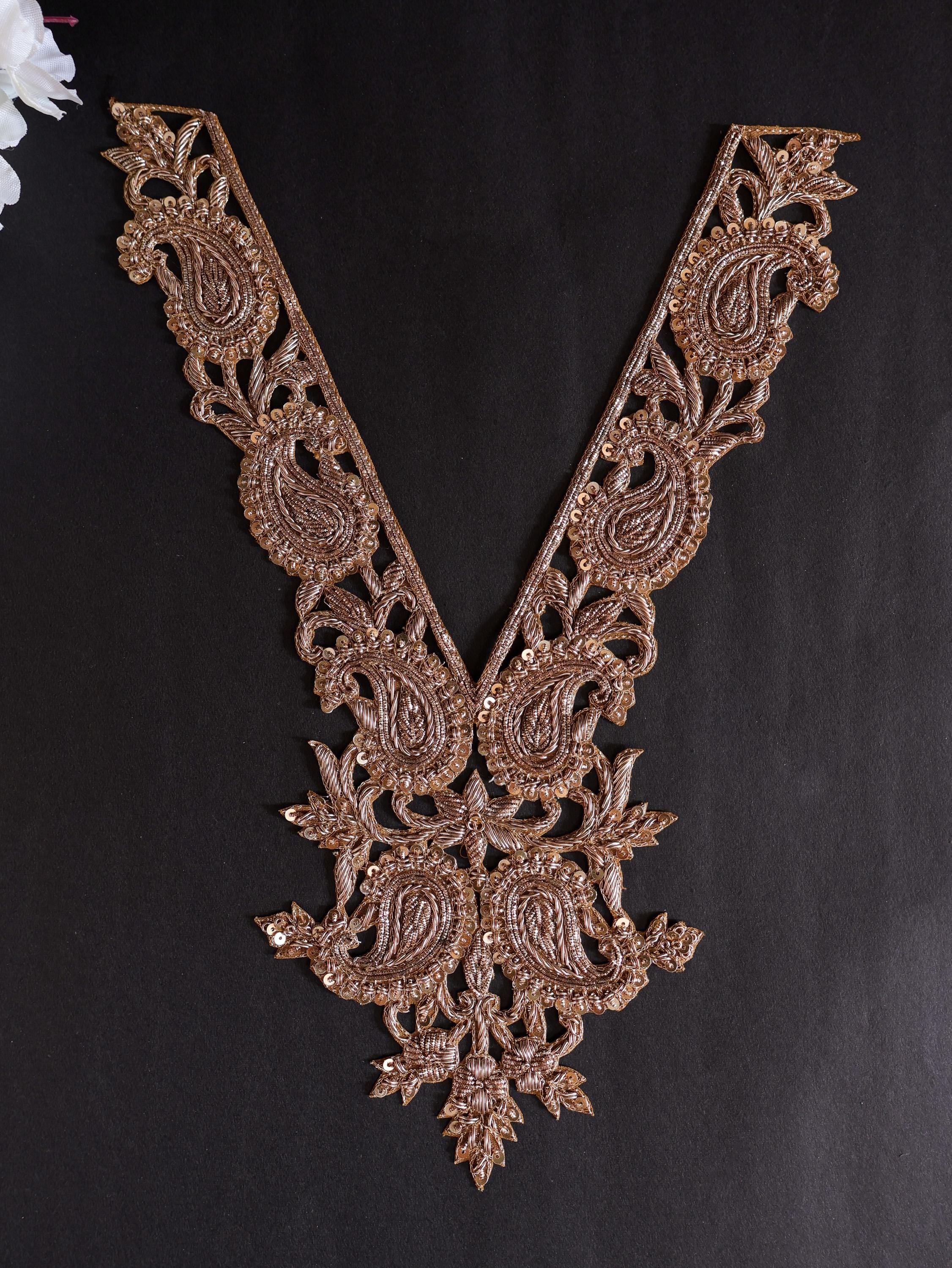 Handcrafted Zardozi V-Neckline Patch: Antique Gold Floral Embroidery with Sleeves