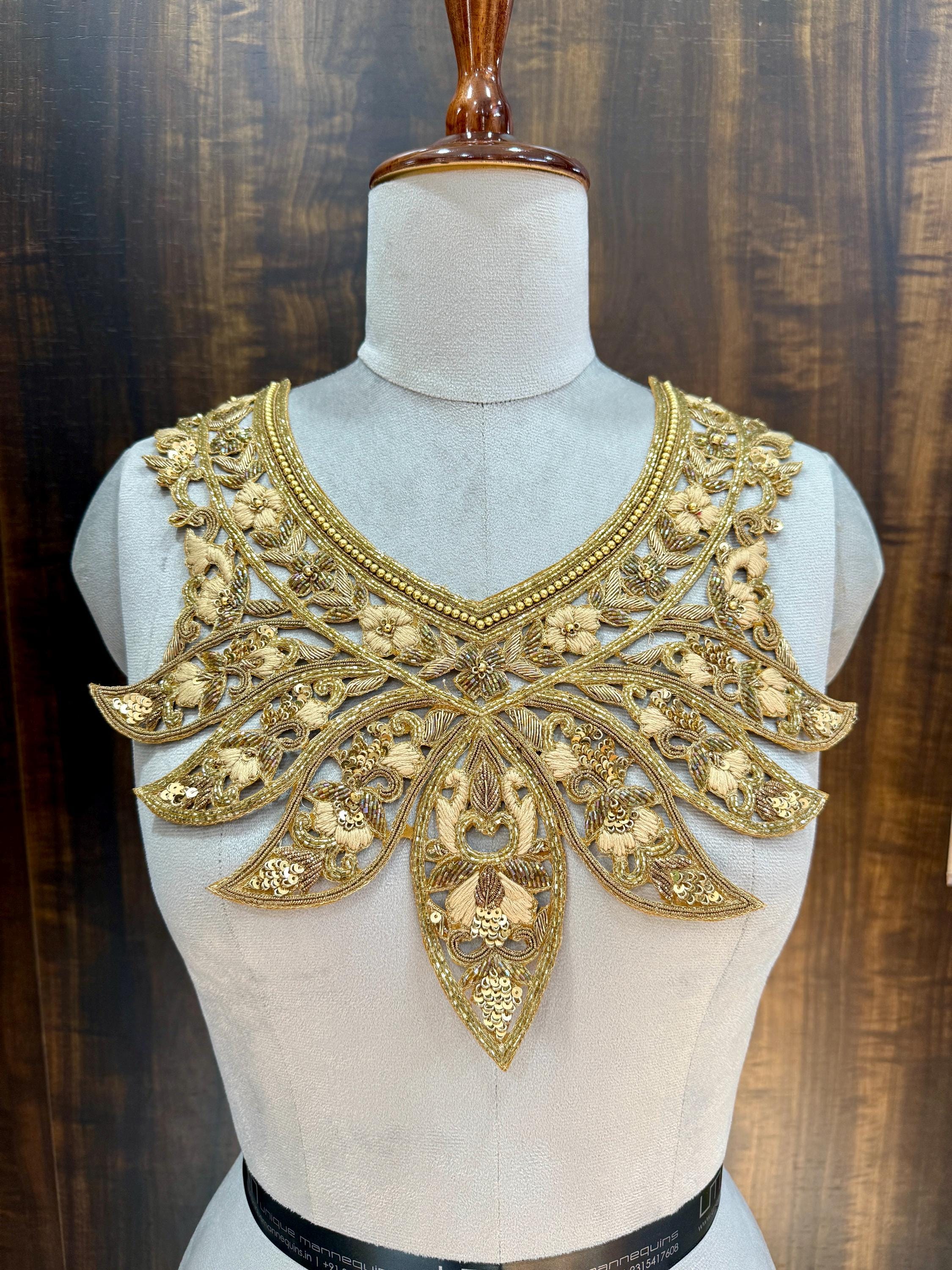 Golden Embroidered Neckline Patch with Sleeves: Indian Zardozi Applique