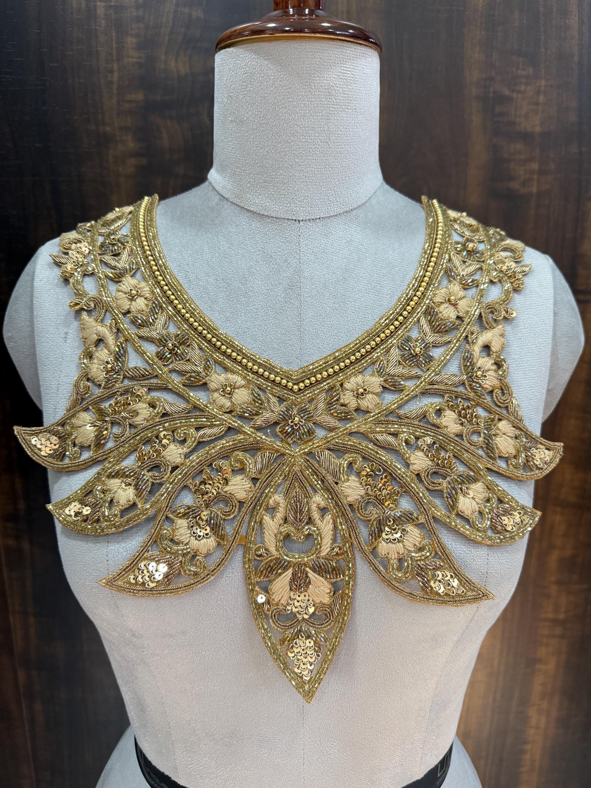Golden Embroidered Neckline Patch with Sleeves: Indian Zardozi Applique