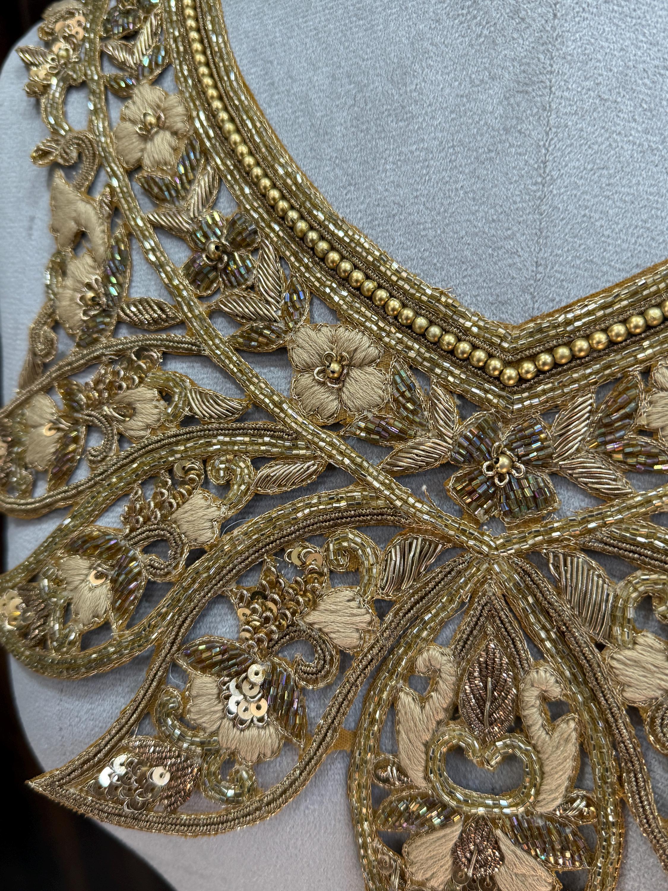 Golden Embroidered Neckline Patch with Sleeves: Indian Zardozi Applique
