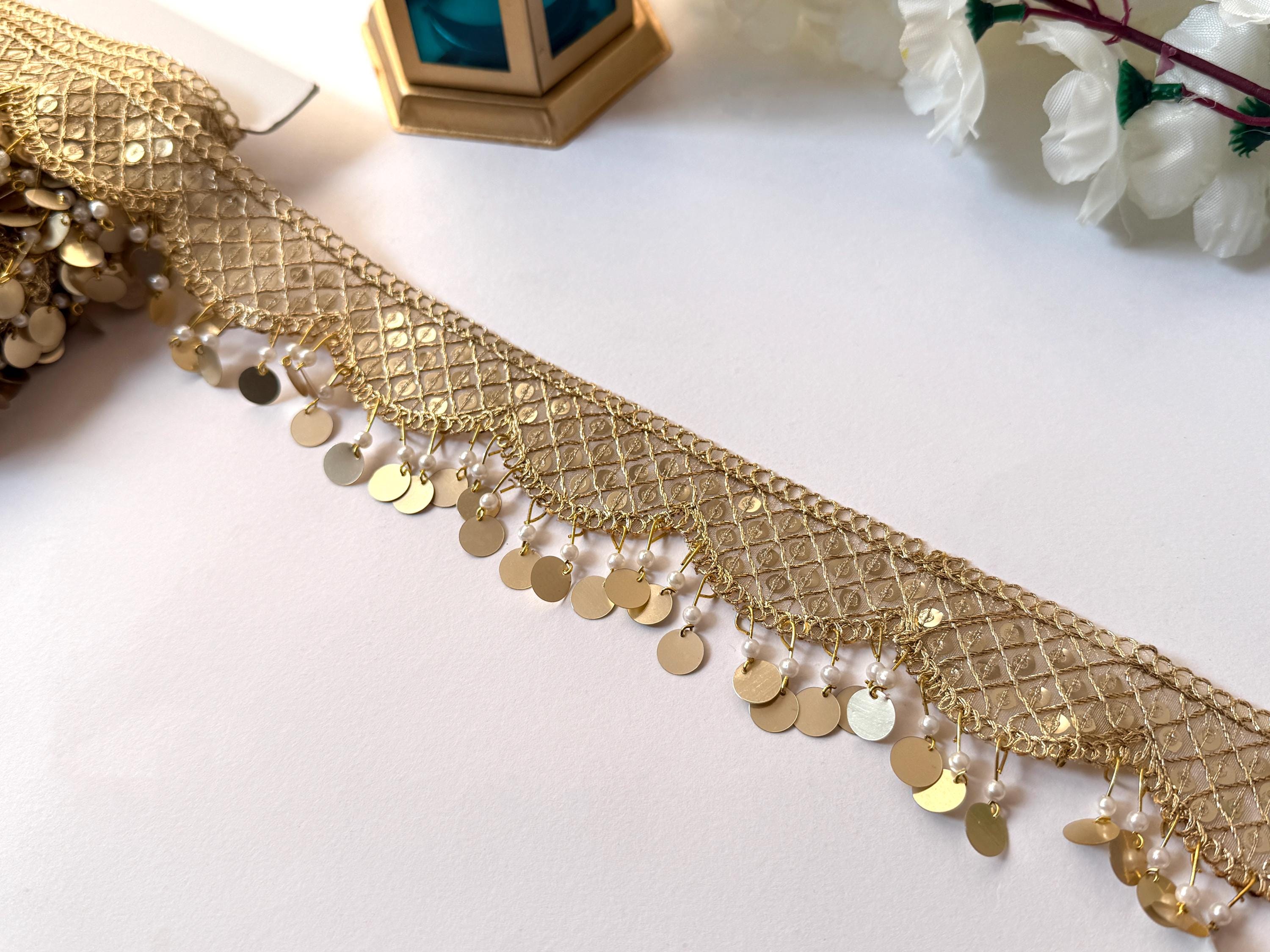 Coin Lace Trim: Gold Sari Border, Garment & Upholstery Decor - 3 Yards