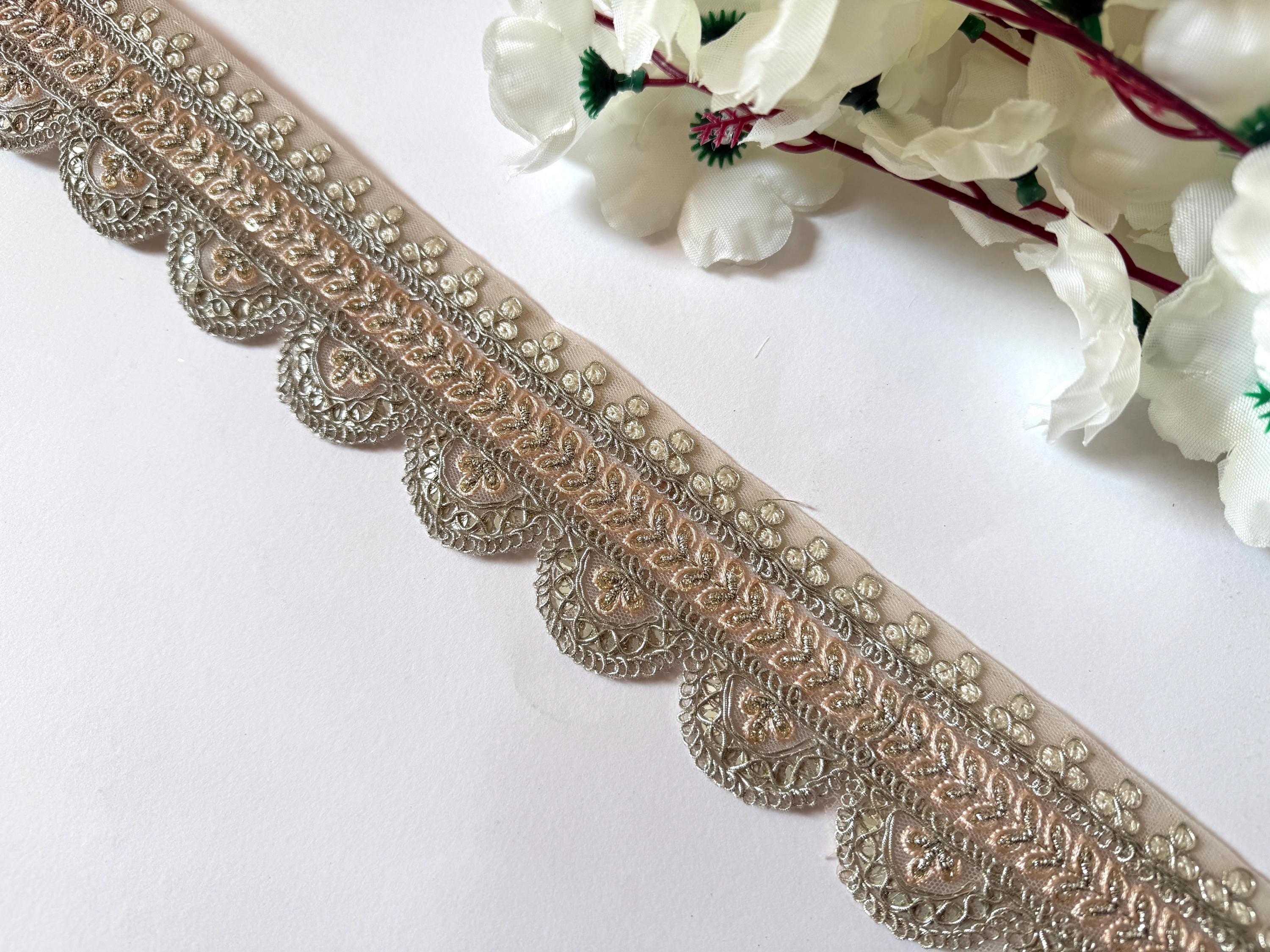 Peach Scallop Embroidered Lace Trim: Indian Sari Border, 9 Yards