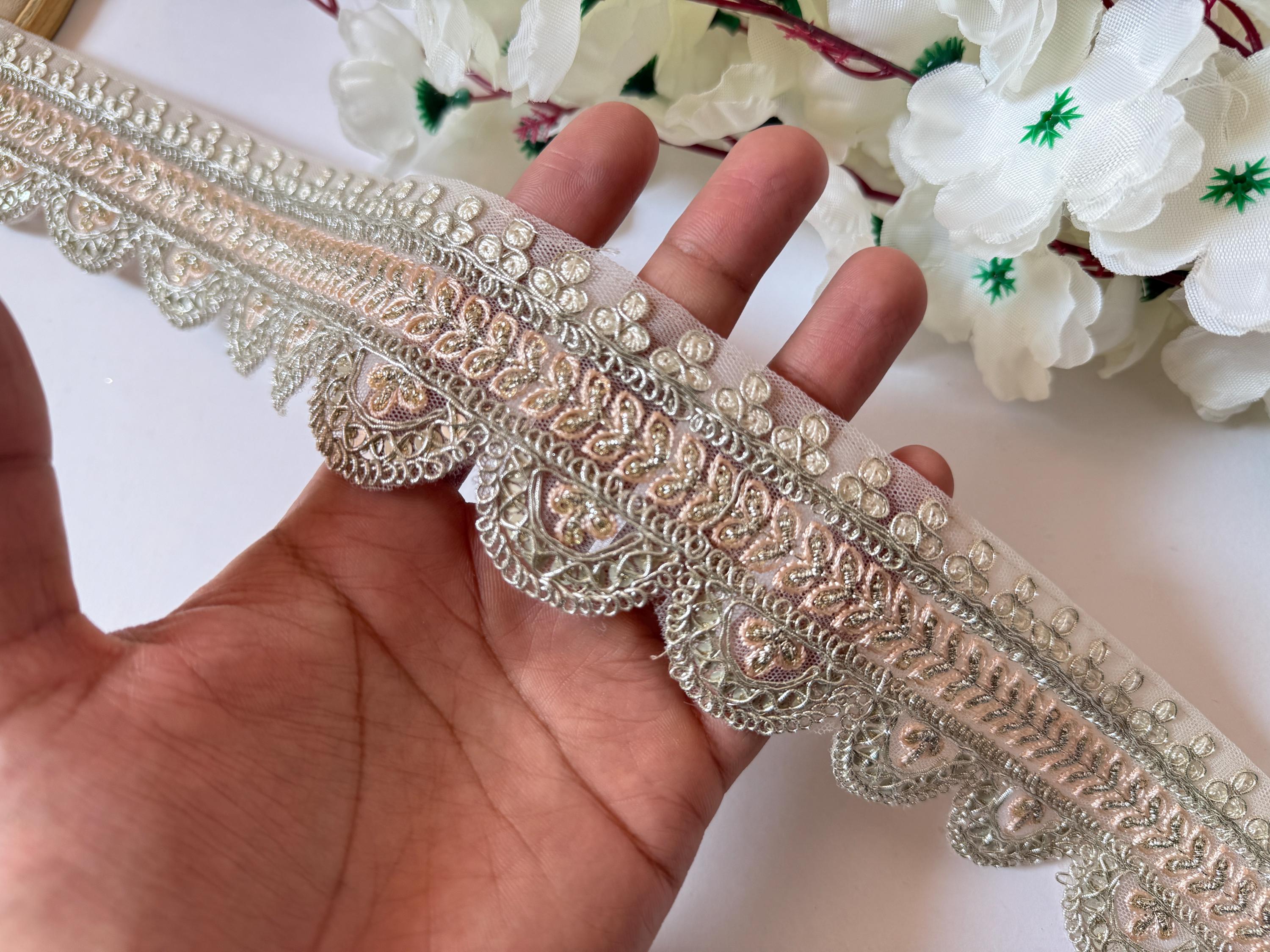 Peach Scallop Embroidered Lace Trim: Indian Sari Border, 9 Yards