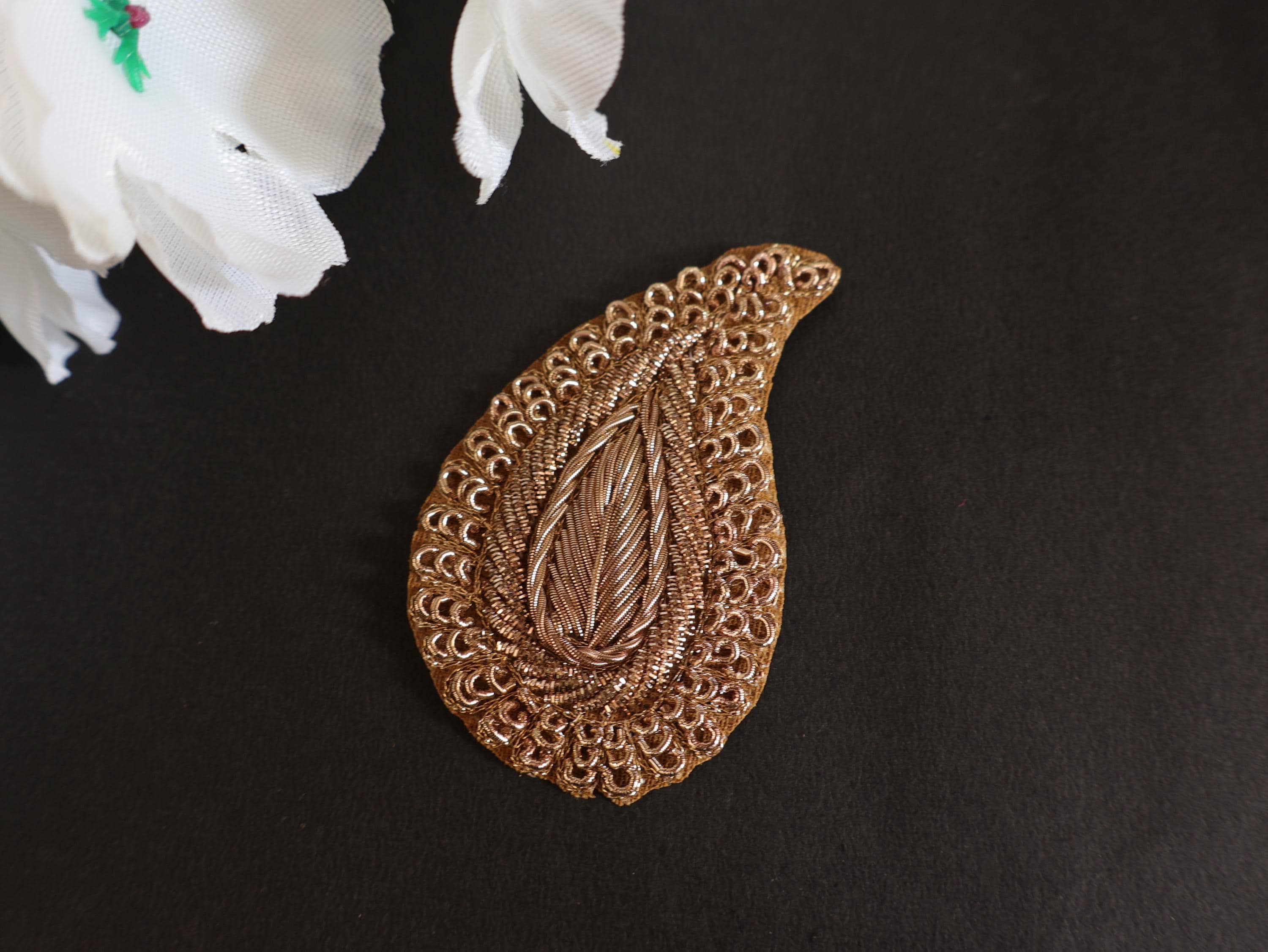 Antique Gold Zardozi Leaf Applique Patches: Indian Embroidered Sequins (Set of 5)