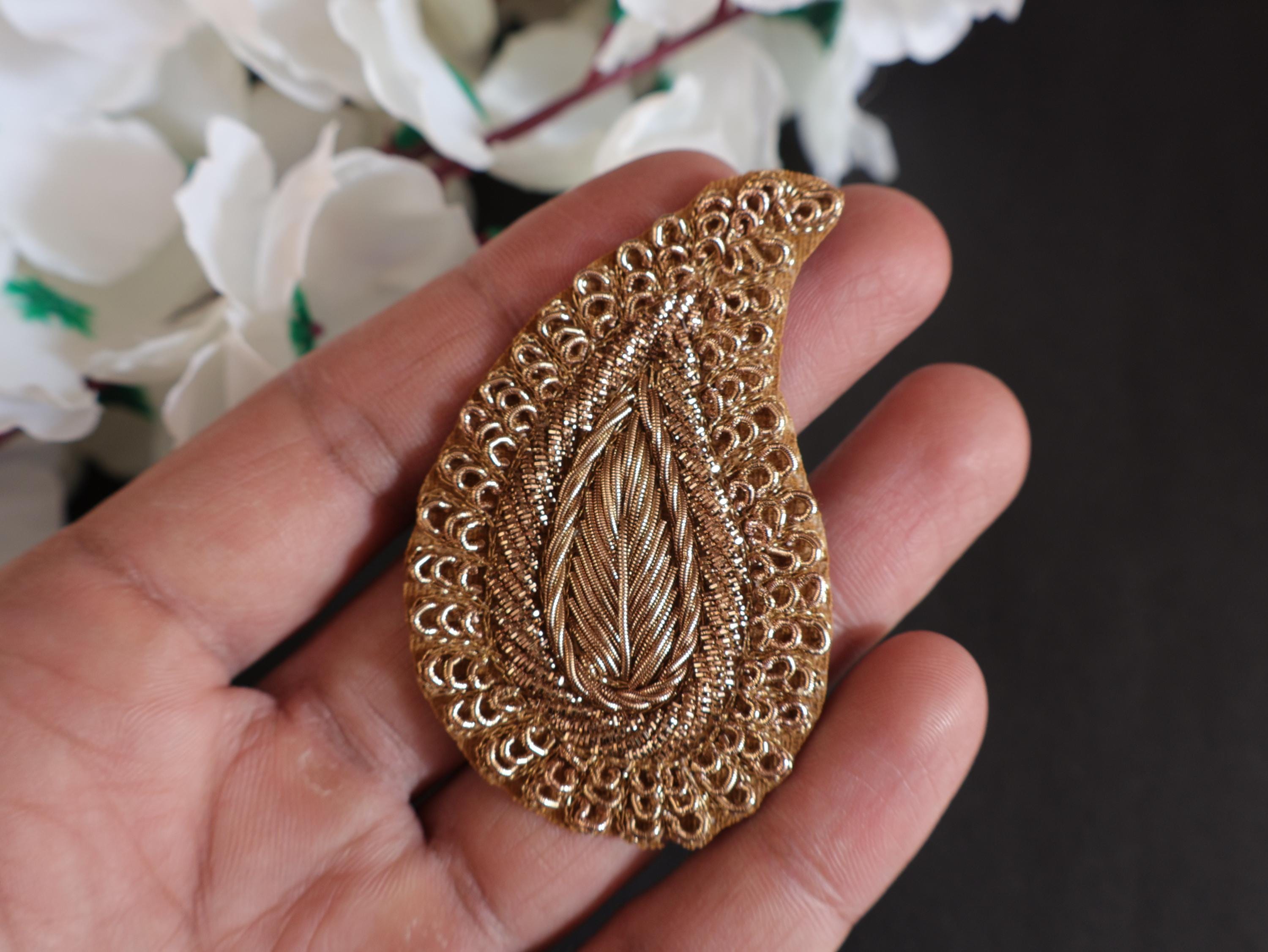 Antique Gold Zardozi Leaf Applique Patches: Indian Embroidered Sequins (Set of 5)