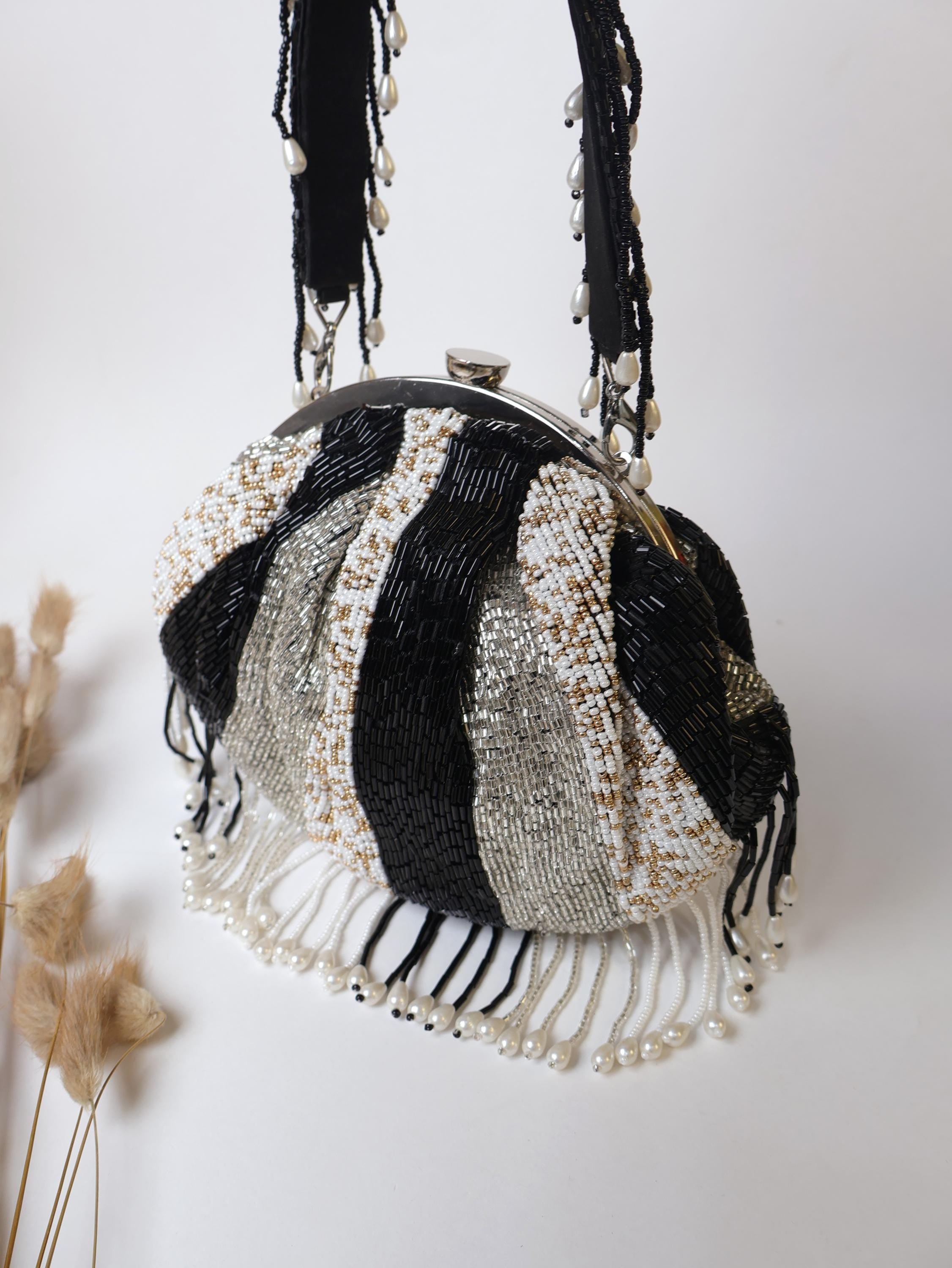 Beadwork Tassels Clutch: Silver & Black Bridal Handbag
