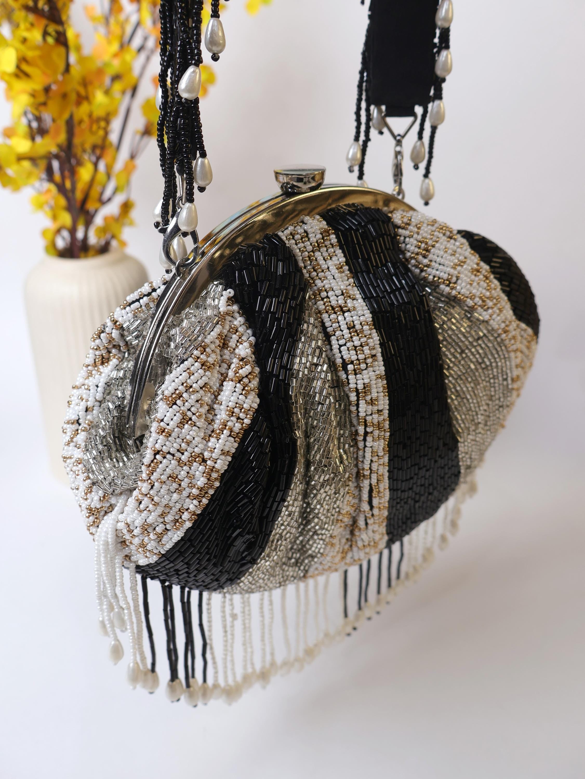 Beadwork Tassels Clutch: Silver & Black Bridal Handbag