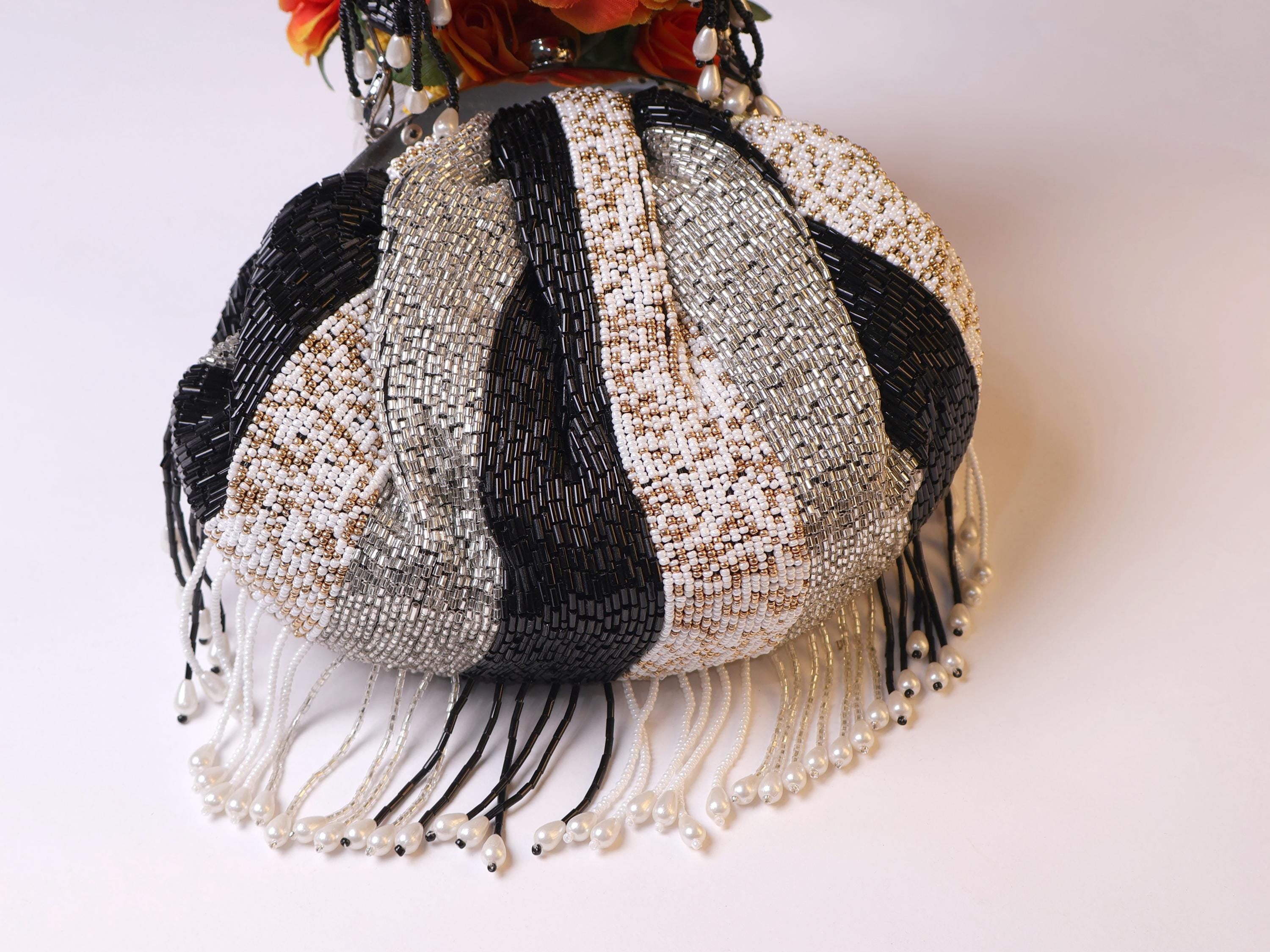 Beadwork Tassels Clutch: Silver & Black Bridal Handbag