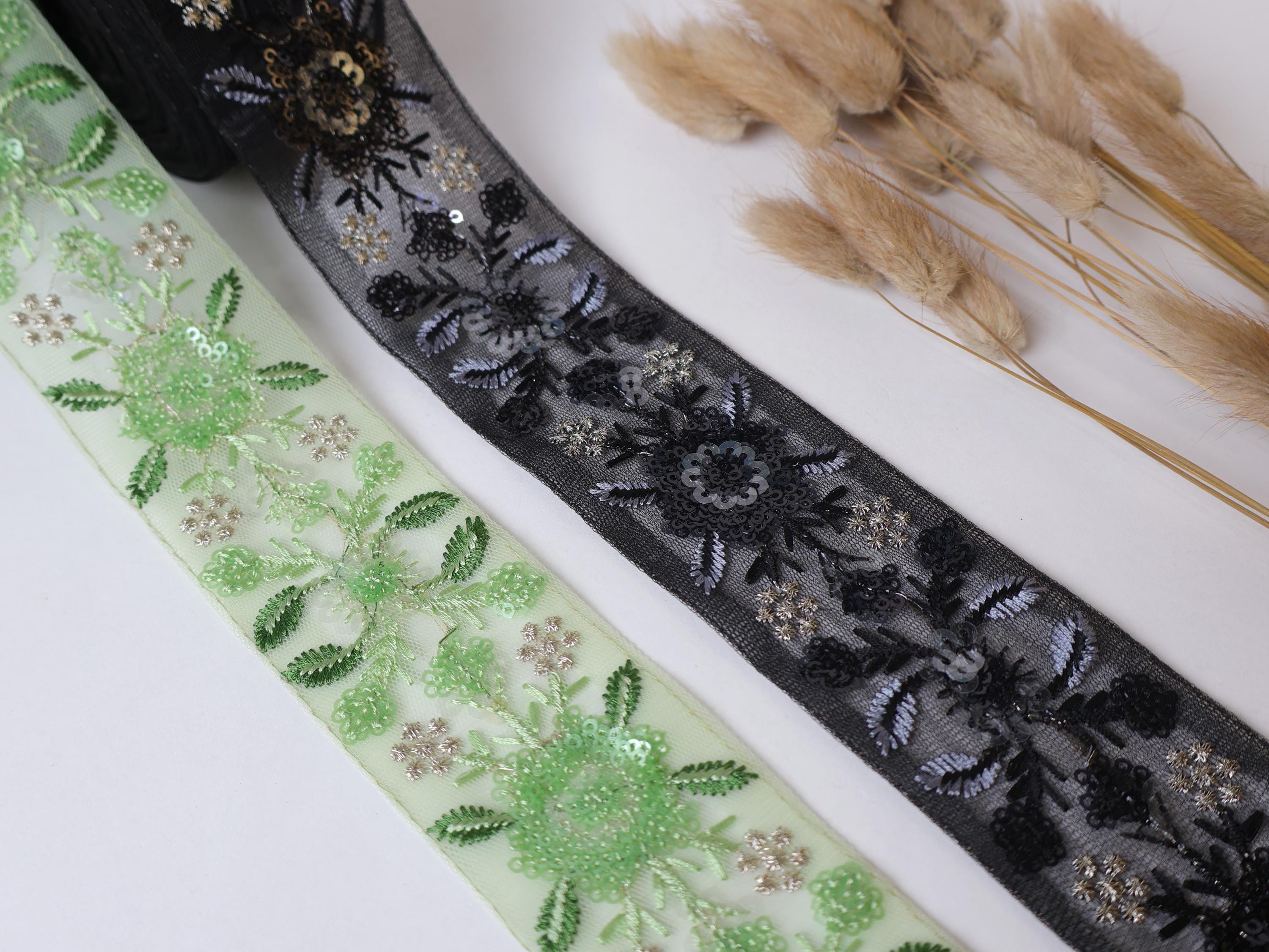 Embroidered Sequin Trim Lace: Light Green & Black Indian Border (9 Yards)