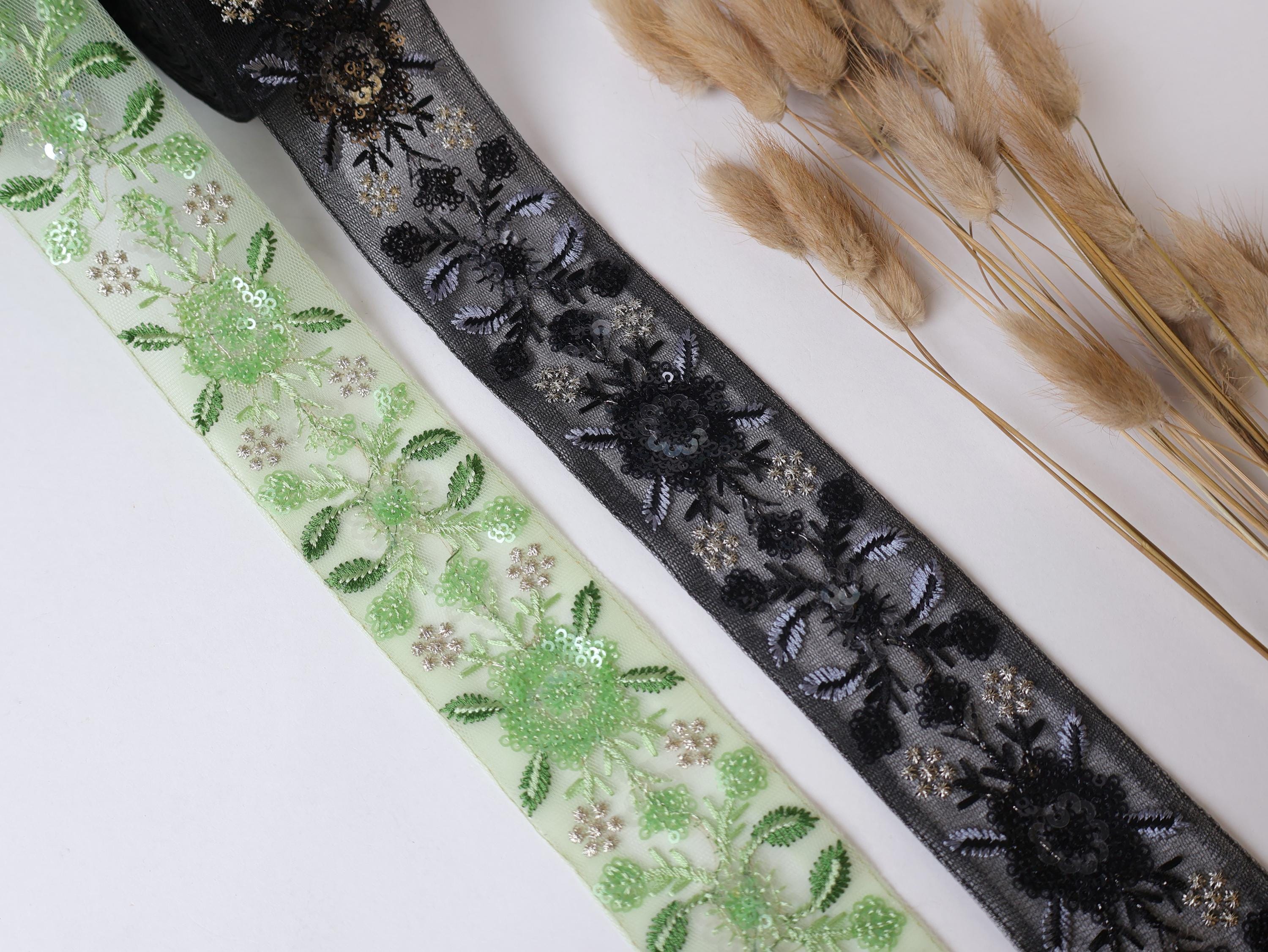Embroidered Sequin Trim Lace: Light Green & Black Indian Border (9 Yards)
