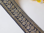 Navy Blue Floral Embroidered Lace Trim: Golden Zari Border, 9 Yards