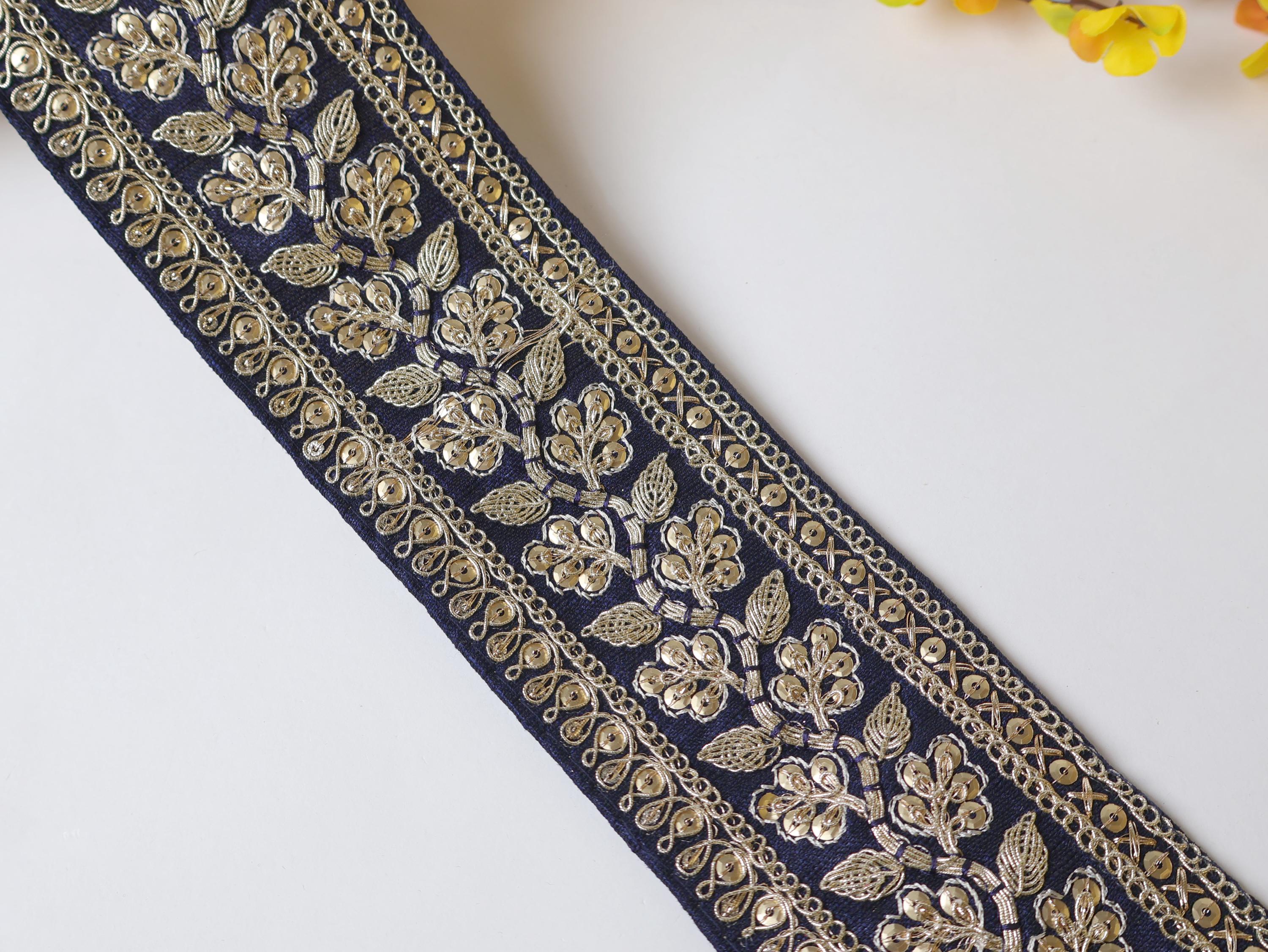 Navy Blue Floral Embroidered Lace Trim: Golden Zari Border, 9 Yards