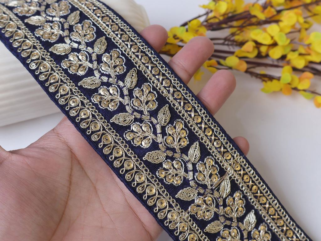 Navy Blue Floral Embroidered Lace Trim: Golden Zari Border, 9 Yards