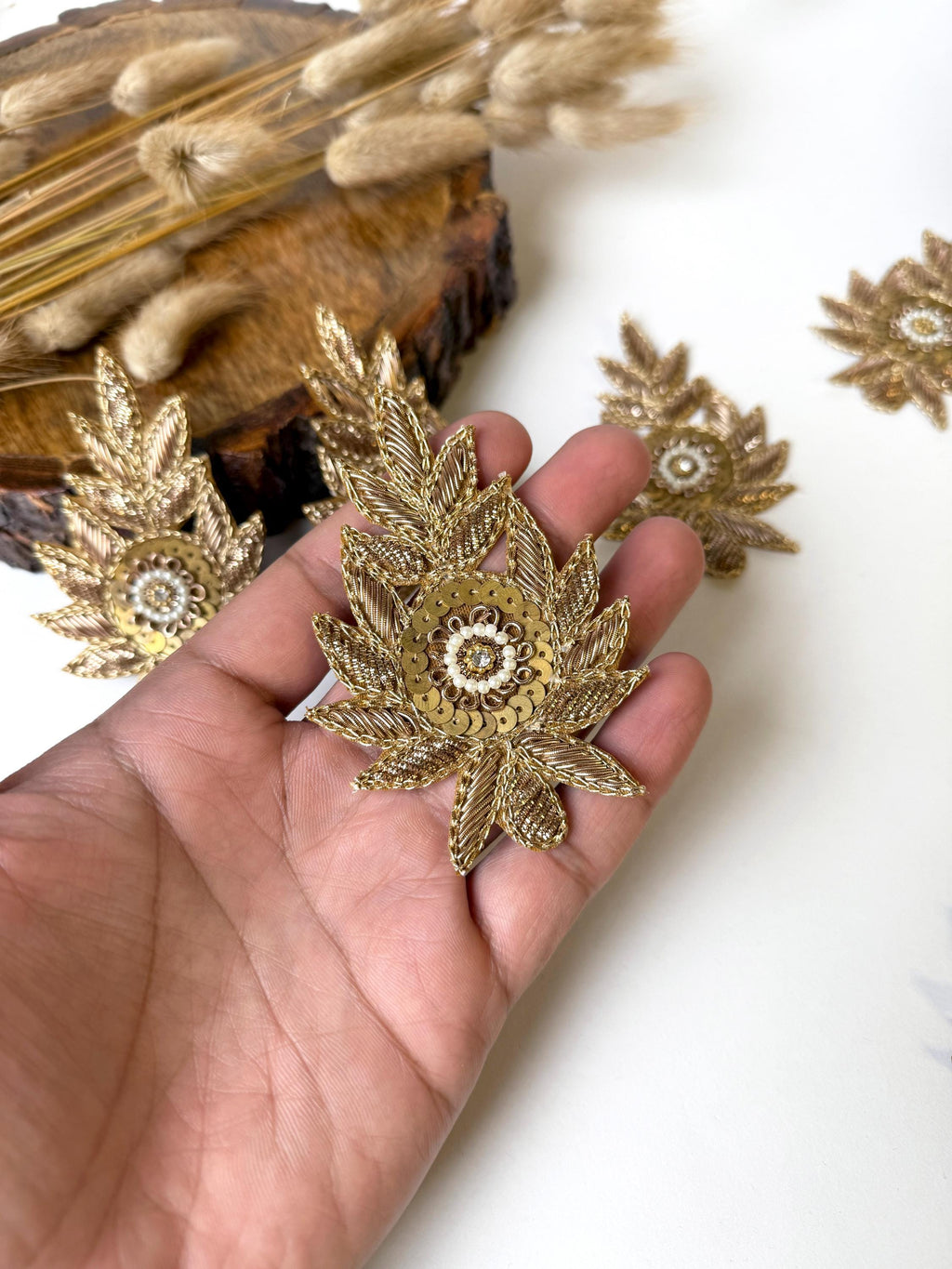 Set of 5 Antique Gold Zardozi Applique Patches: Indian Embroidered Sequins