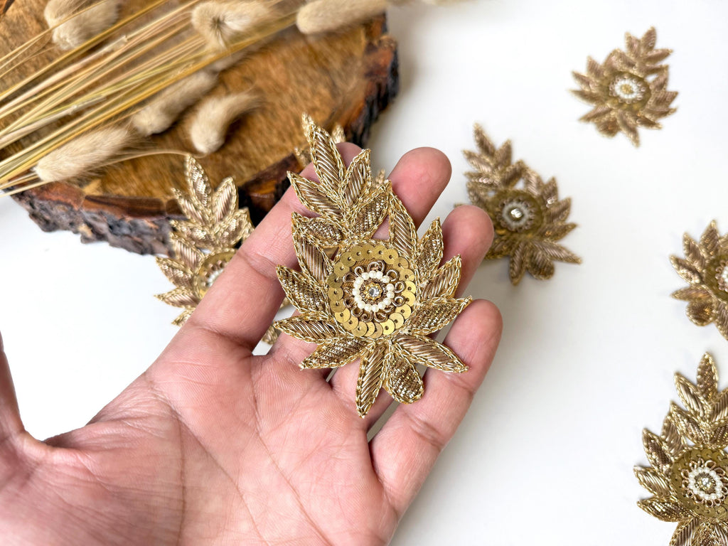 Set of 5 Antique Gold Zardozi Applique Patches: Indian Embroidered Sequins