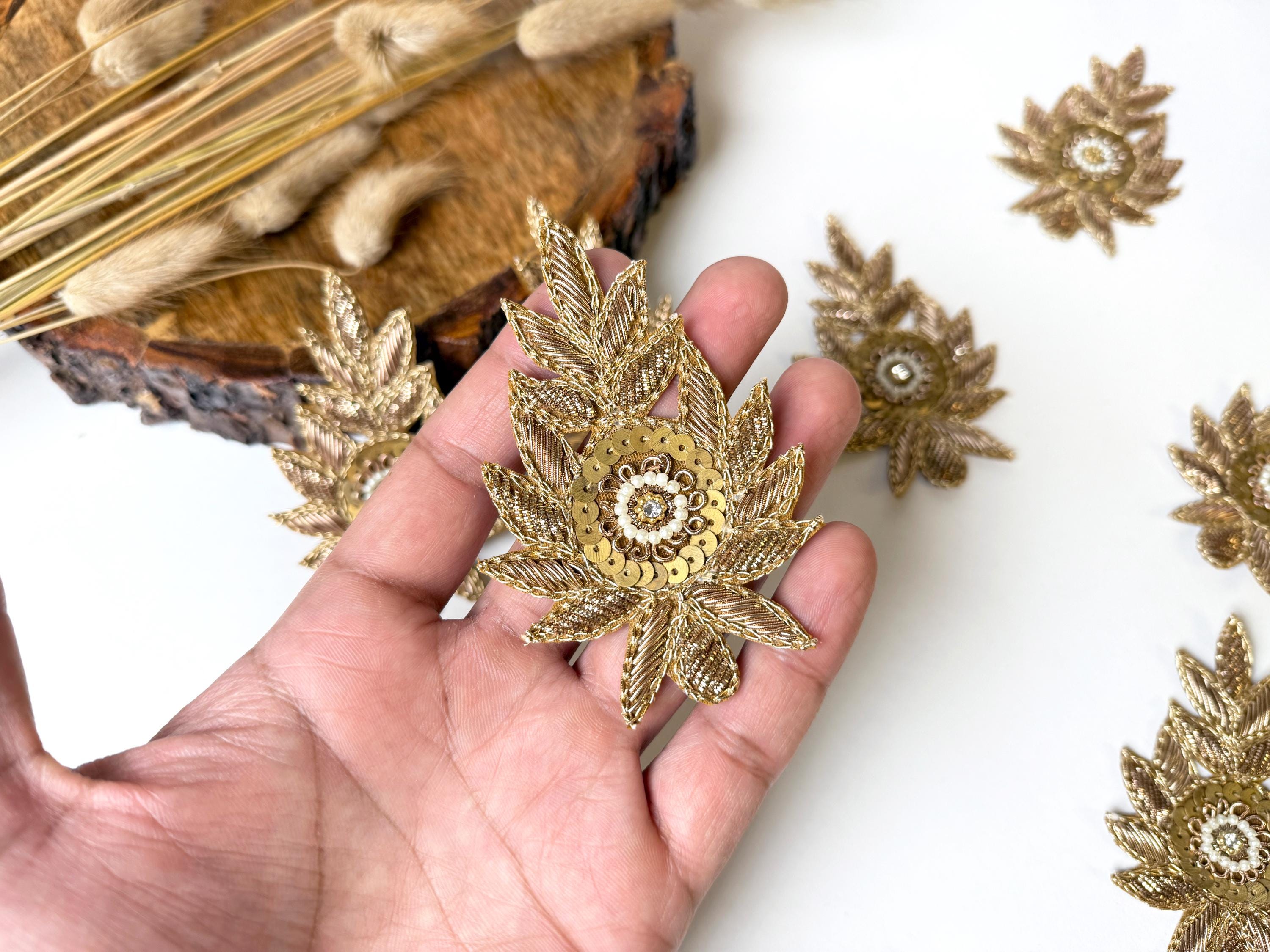 Set of 5 Antique Gold Zardozi Applique Patches: Indian Embroidered Sequins