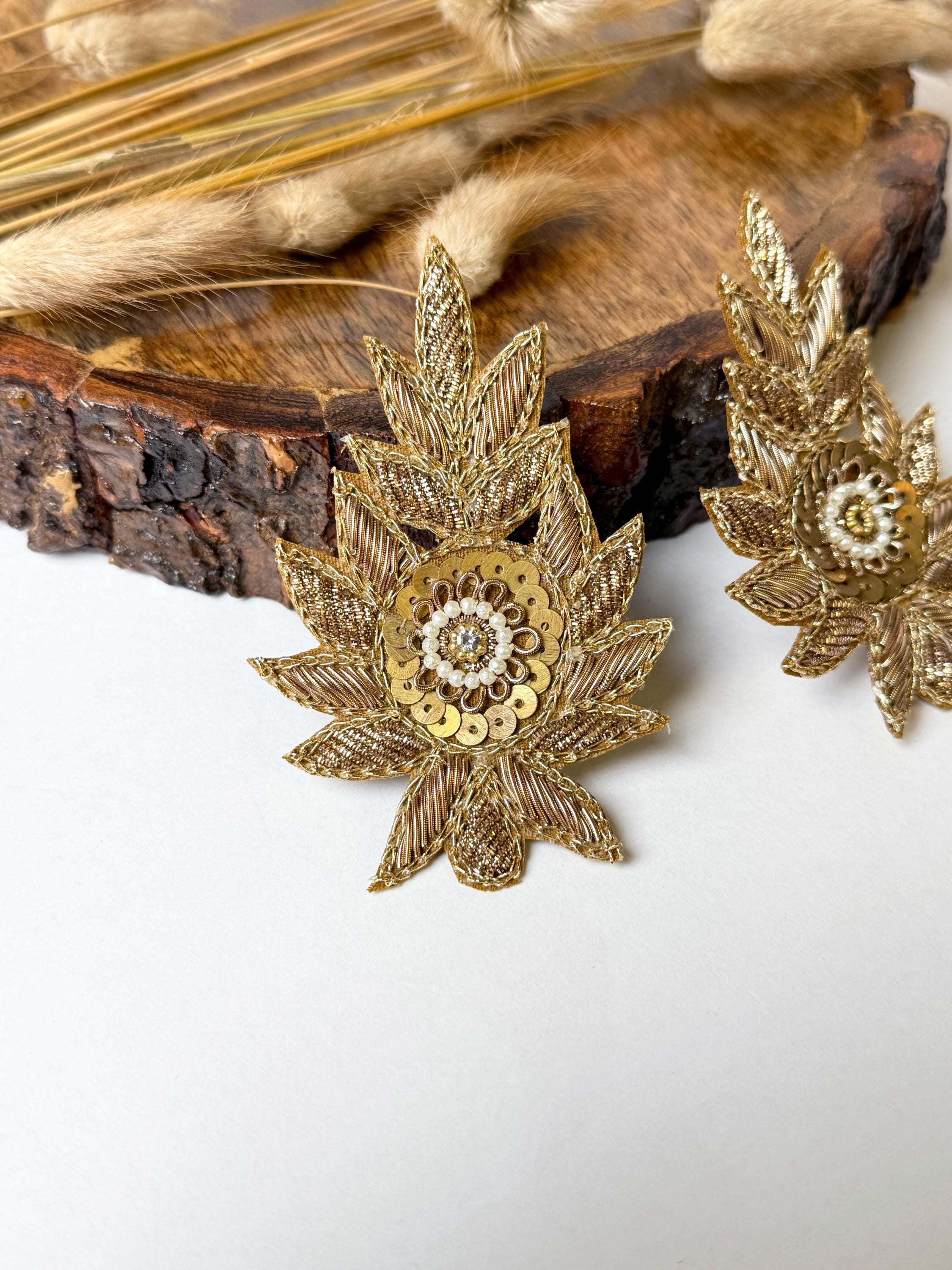 Set of 5 Antique Gold Zardozi Applique Patches: Indian Embroidered Sequins