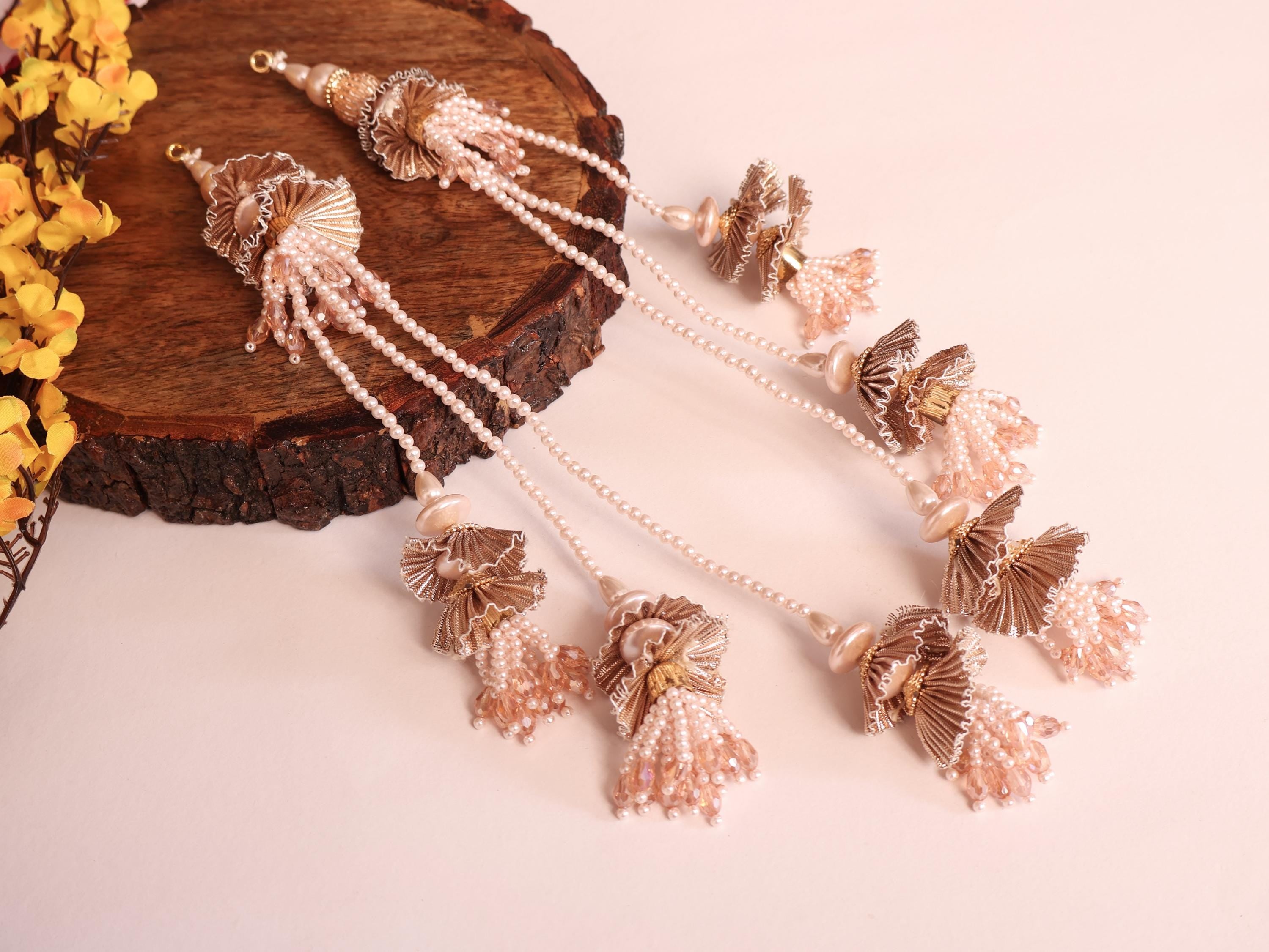 Rose Gold Pearl Latkan Tassels: Indian Bridal Blouse Accessory - 1 Pair