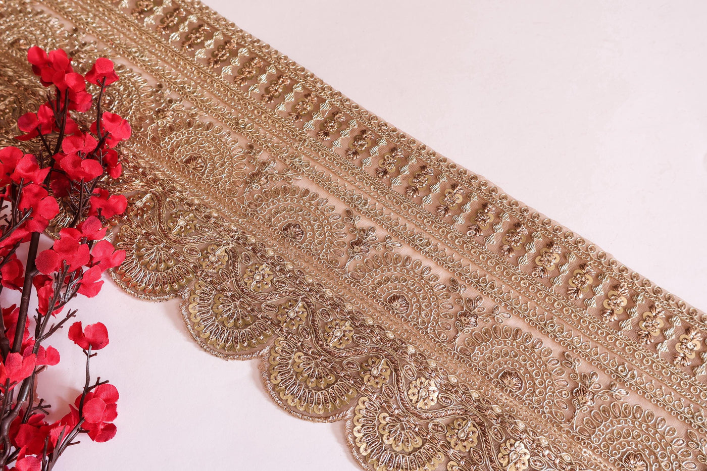 Antique Gold Floral Sequin Embroidered Trim, Indian Sari Border (15cm by Yard)