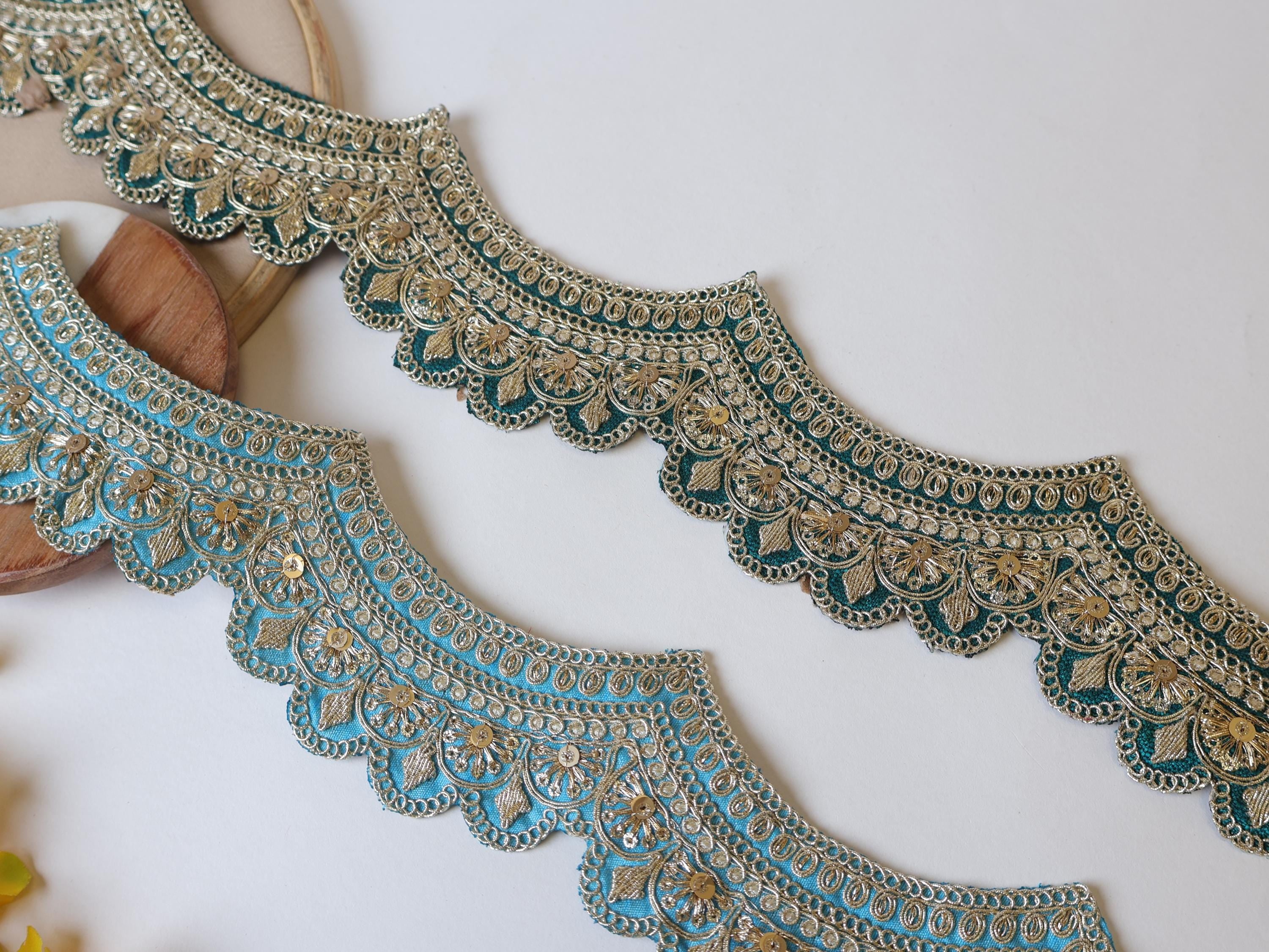 Sky Blue & Forest Green Zari Sequin Lace: Scalloped Sari Border Trim