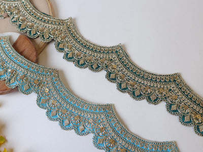Sky Blue & Forest Green Zari Sequin Lace: Scalloped Sari Border Trim