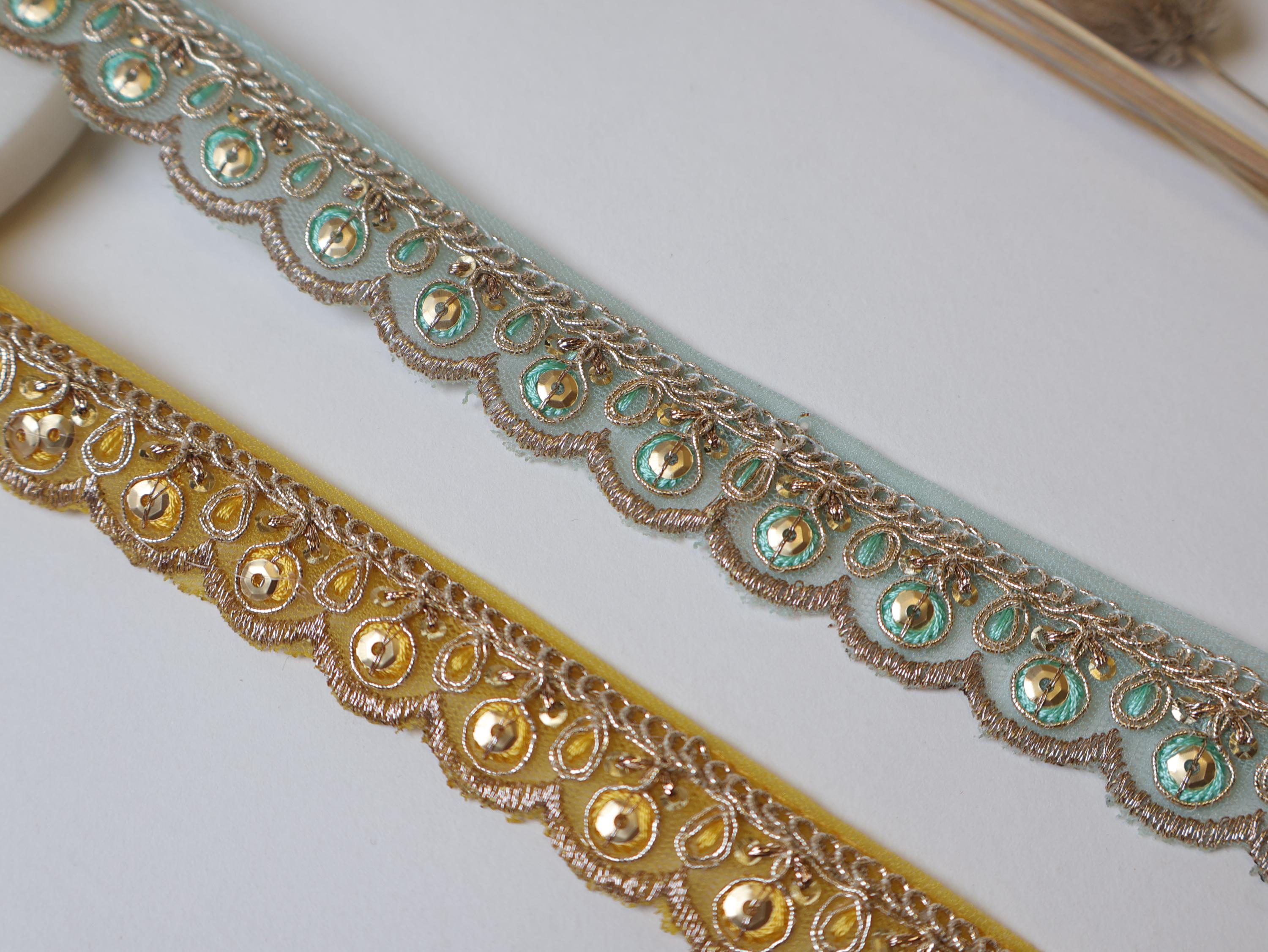 Yellow & Aqua Blue Threadwork Scalloped Lace Trim - 9 Yards