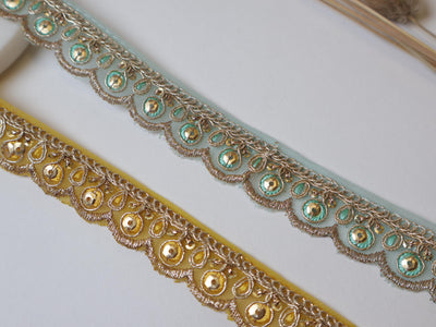 Yellow & Aqua Blue Threadwork Scalloped Lace Trim - 9 Yards