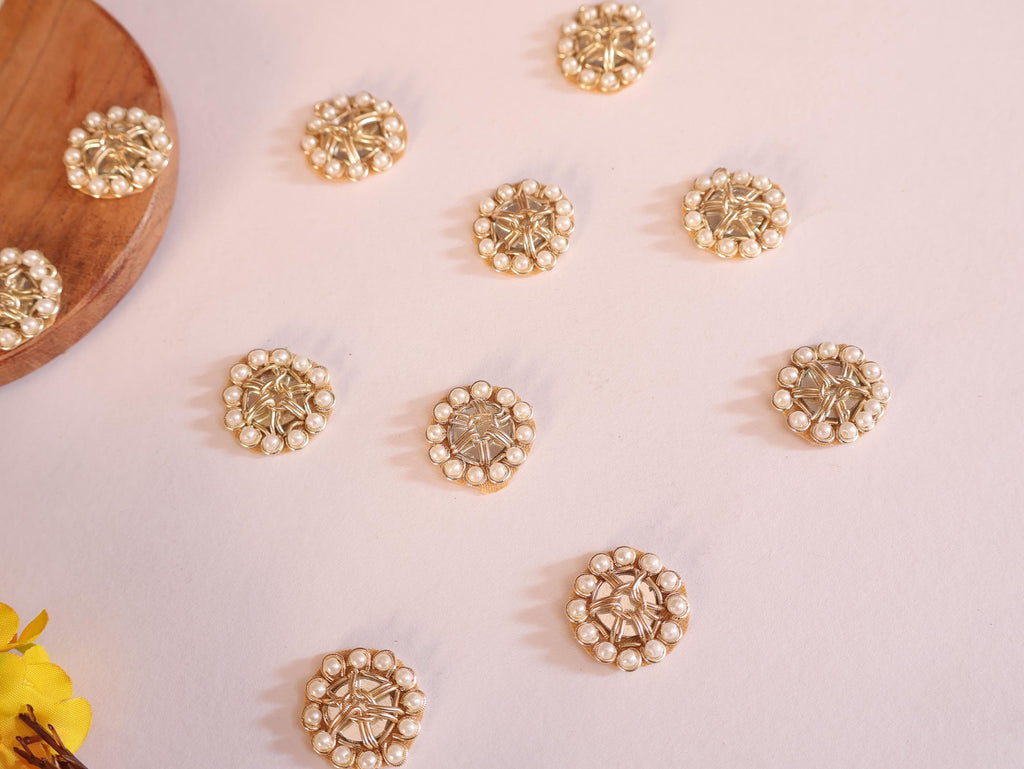 Gold Zardozi Applique Patches with Pearls: Indian Sari Embellishments (25 Pc, 2.2 cm)