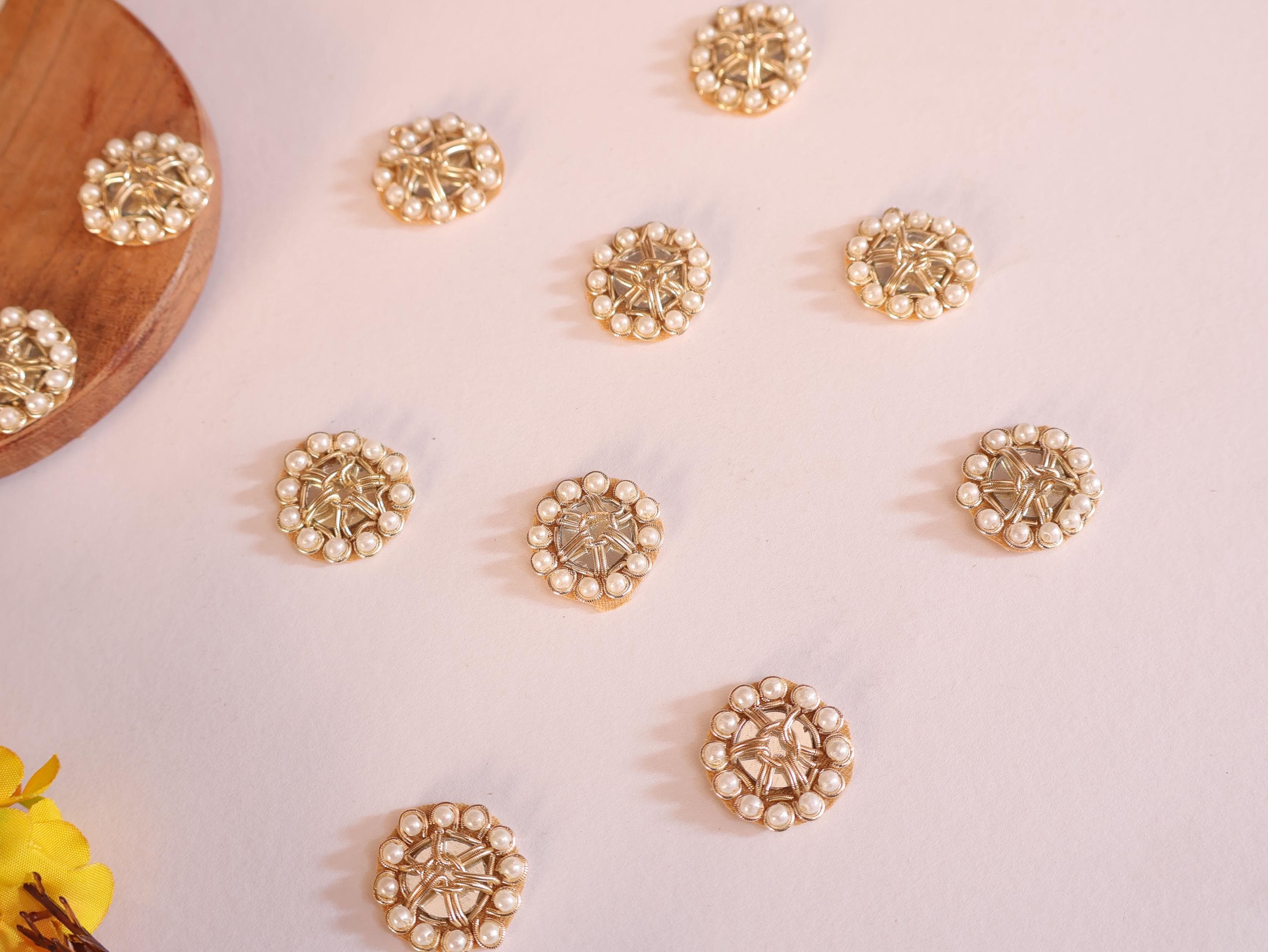 Gold Zardozi Applique Patches with Pearls: Indian Sari Embellishments (25 Pc, 2.2 cm)