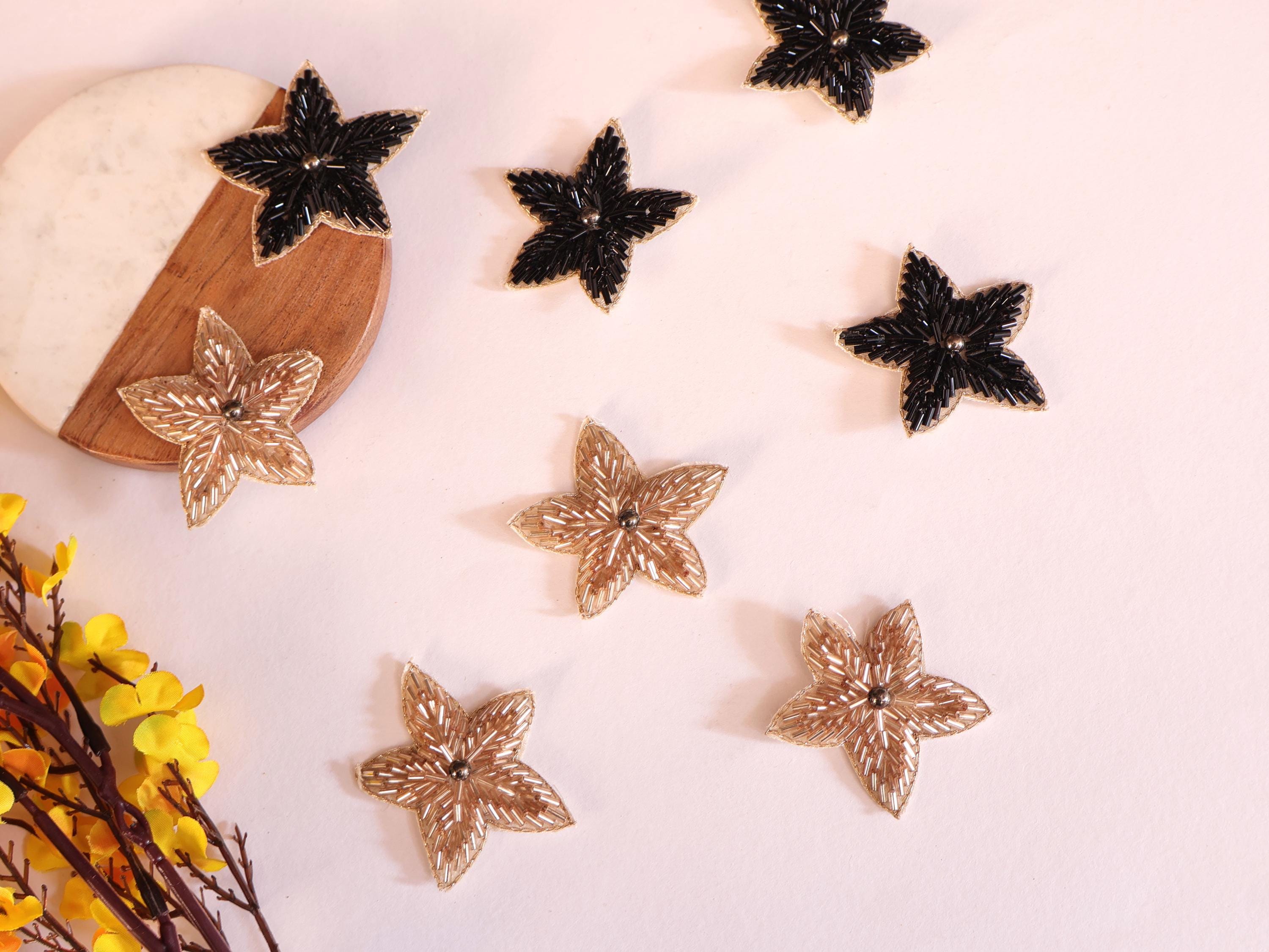 Rose Gold & Black Beaded Star Applique Patches - 10 Pc (5 cm)